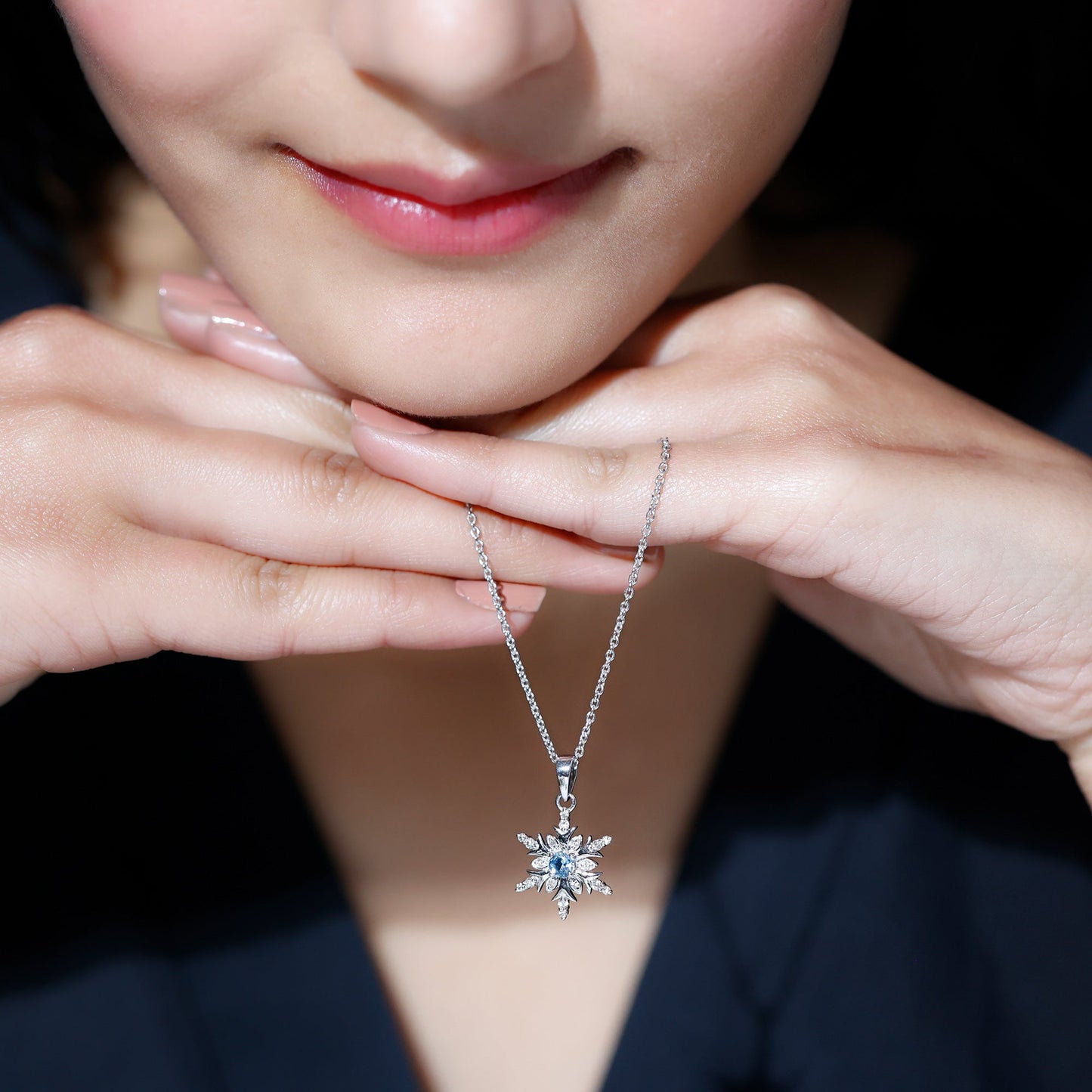 Aquamarine and Diamond Designer Snowflake Necklace With Chain