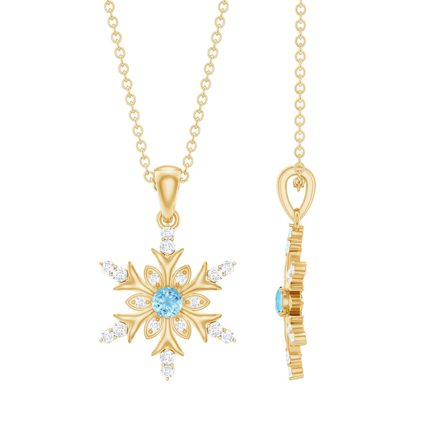 Aquamarine and Diamond Designer Snowflake Necklace With Chain