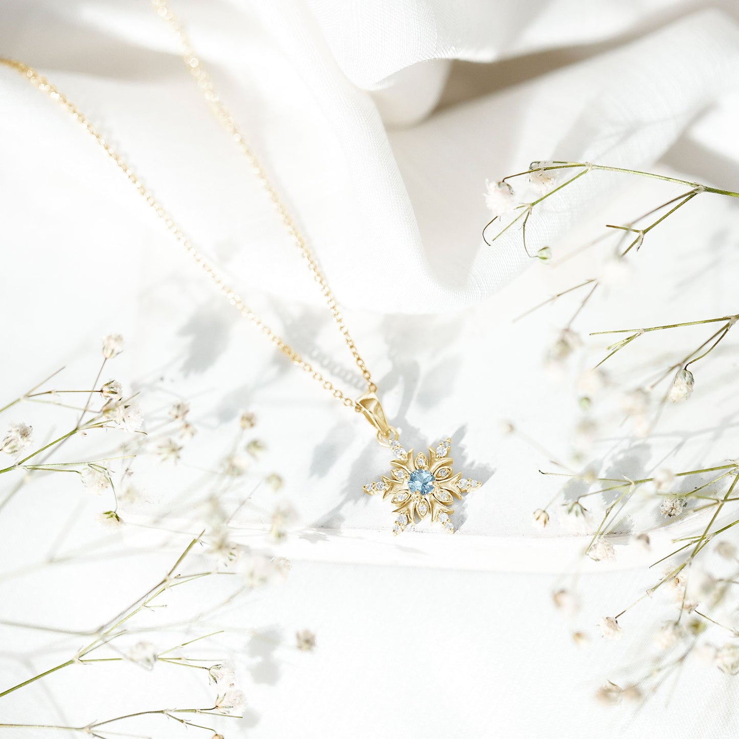 Aquamarine and Diamond Designer Snowflake Necklace With Chain