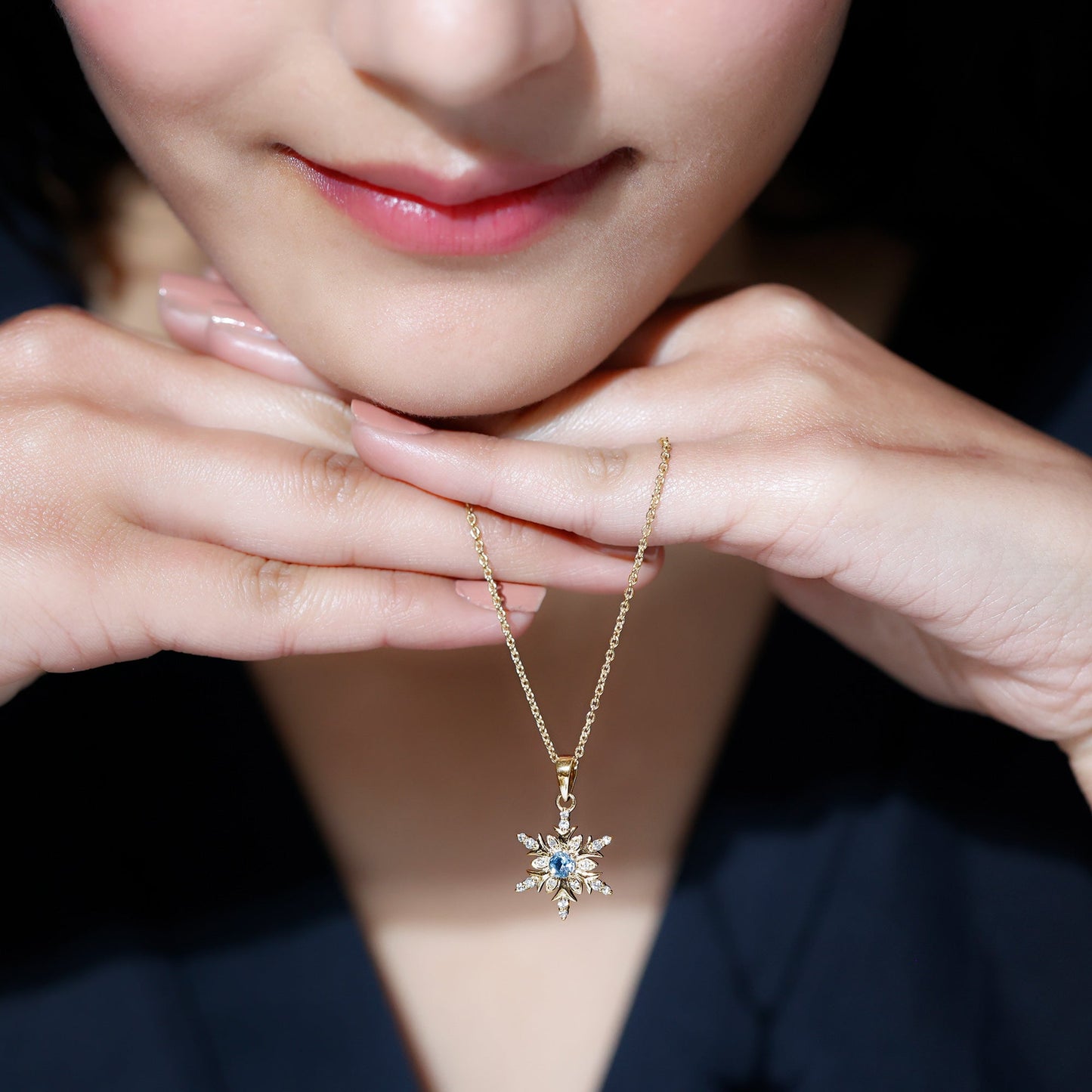 Aquamarine and Diamond Designer Snowflake Necklace With Chain