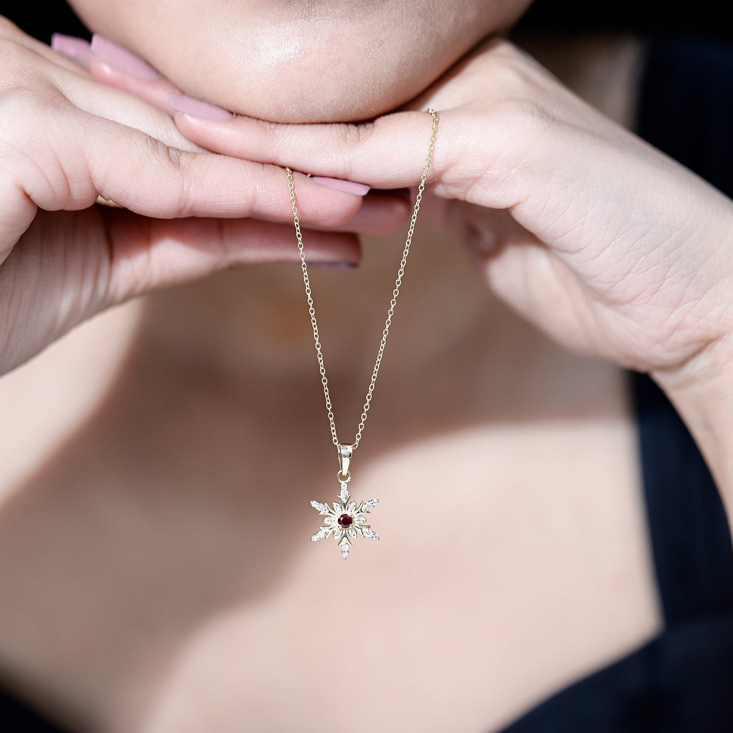 Lab Created Ruby Snowflake Pendant with Diamond Accent
