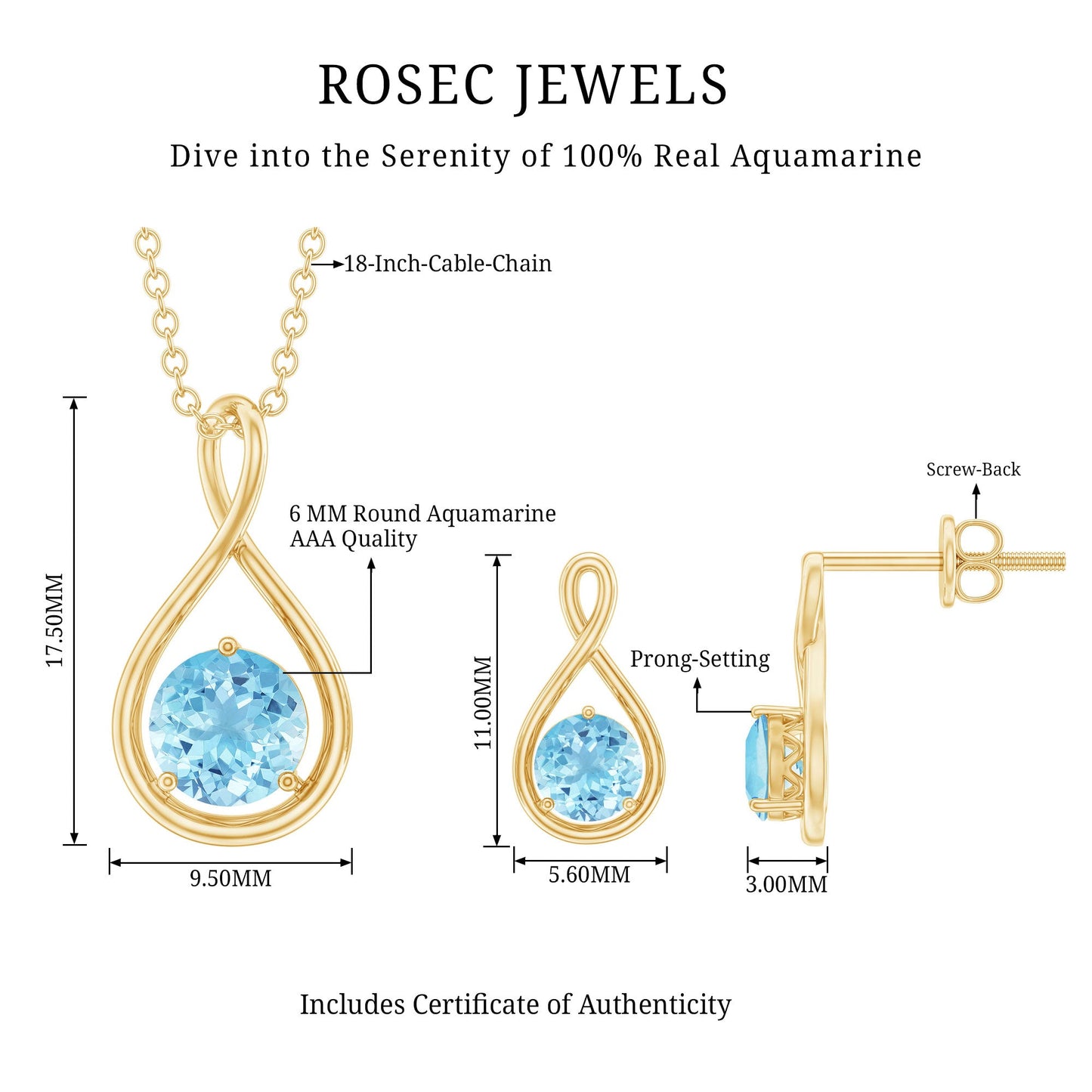 Natural Aquamarine Infinity Jewelry Set for Women