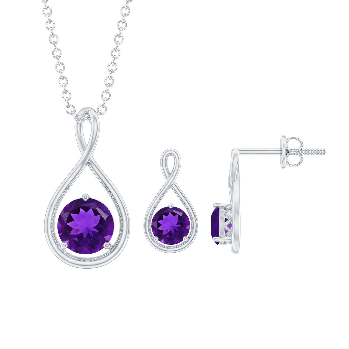 Real Amethyst Infinity Necklace and Earrings Set for Women