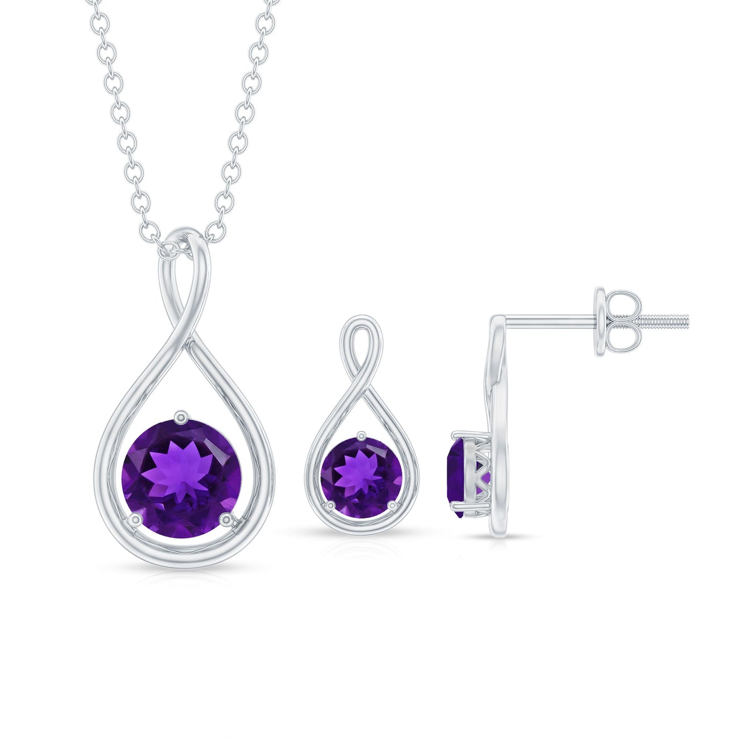 Real Amethyst Infinity Necklace and Earrings Set for Women
