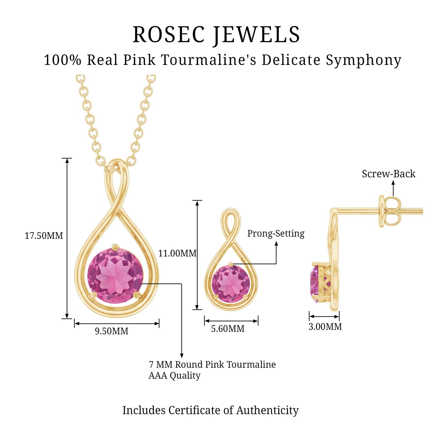 Genuine Pink Tourmaline Infinity Necklace and Earrings Set