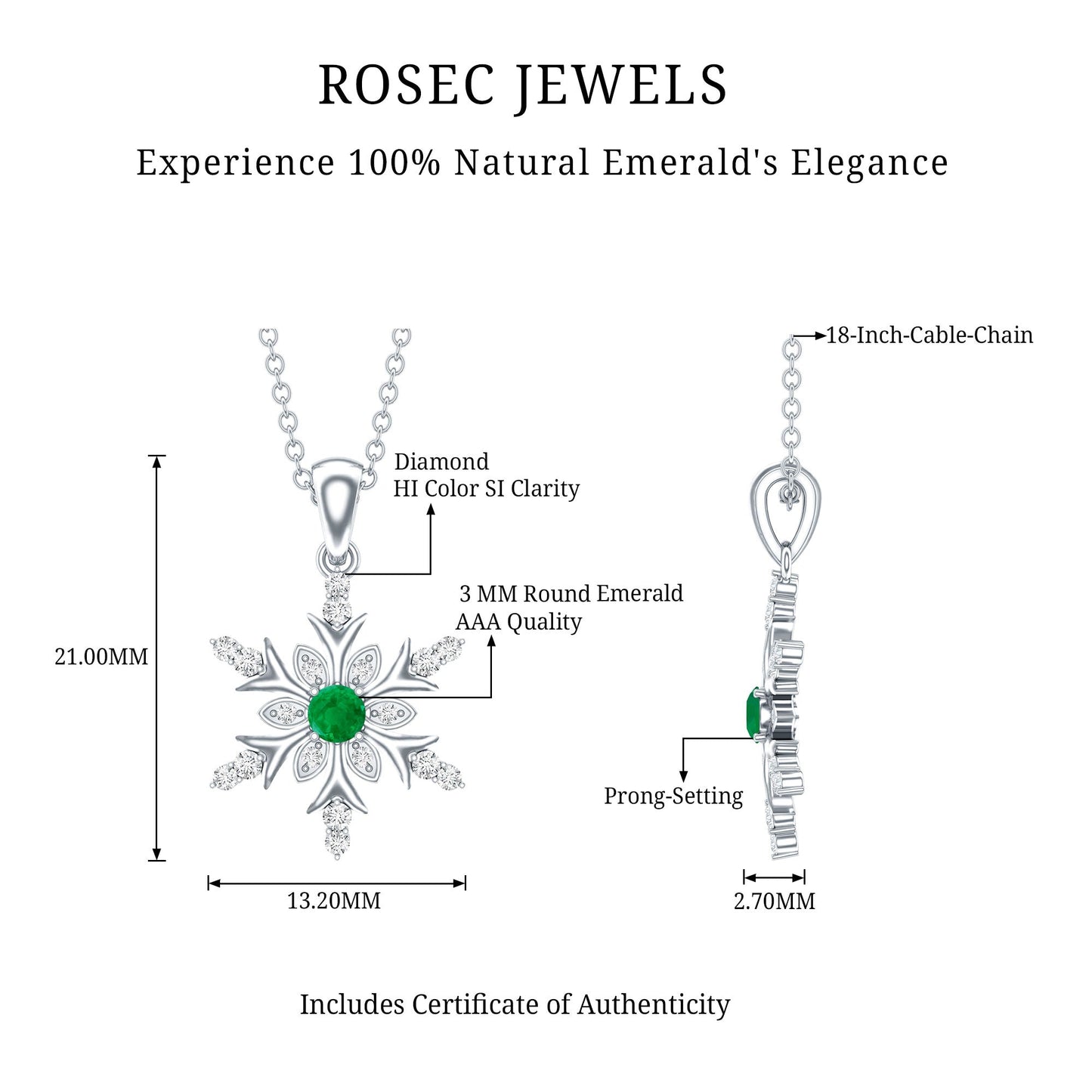Emerald Snowflake Pendant Necklace with Diamond