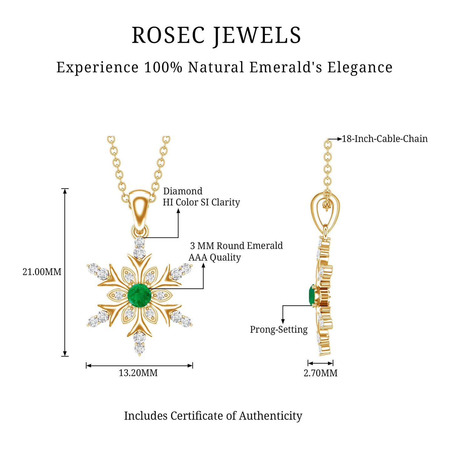 Emerald Snowflake Pendant Necklace with Diamond