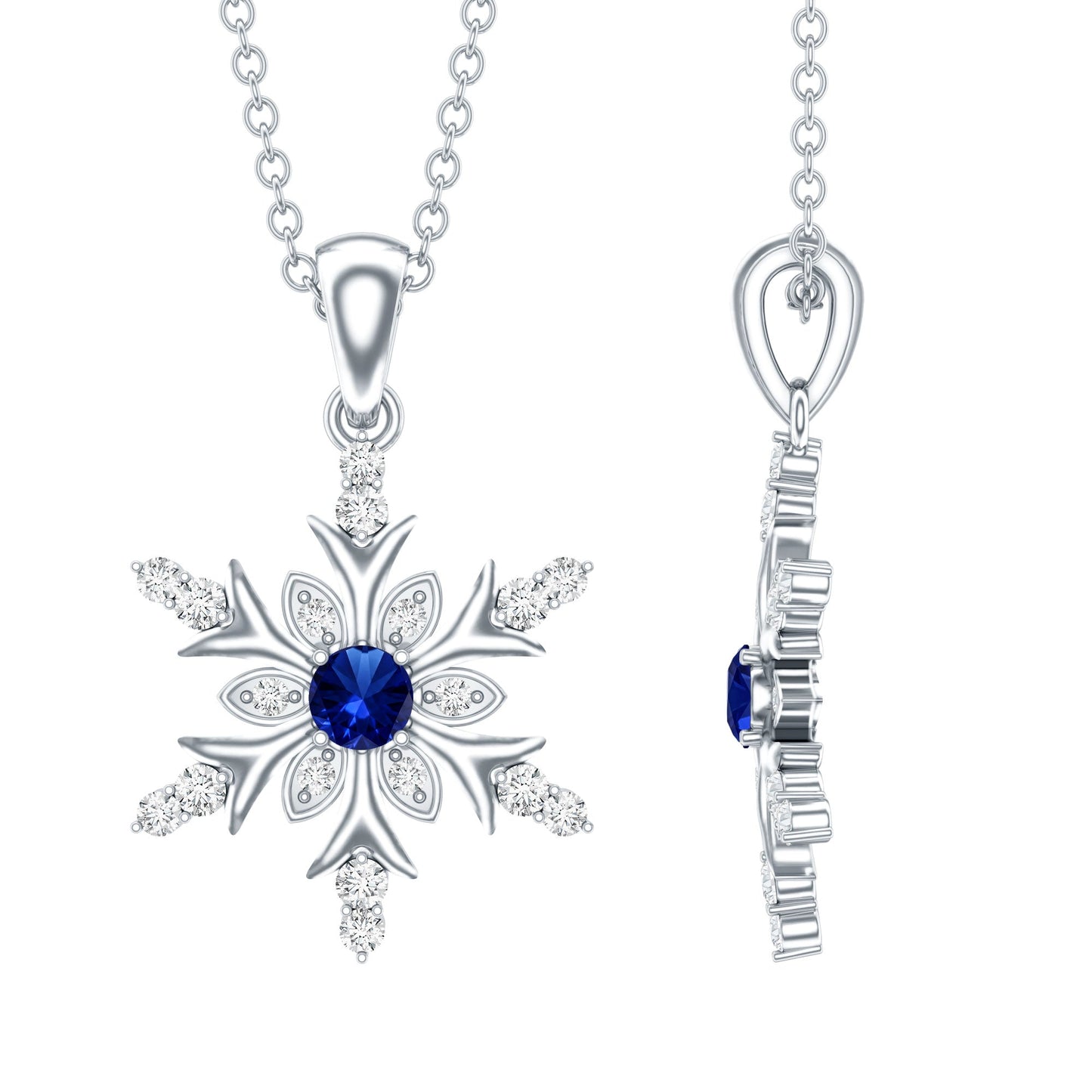 Lab Created Blue Sapphire Designer Snowflake Pendant with Diamond