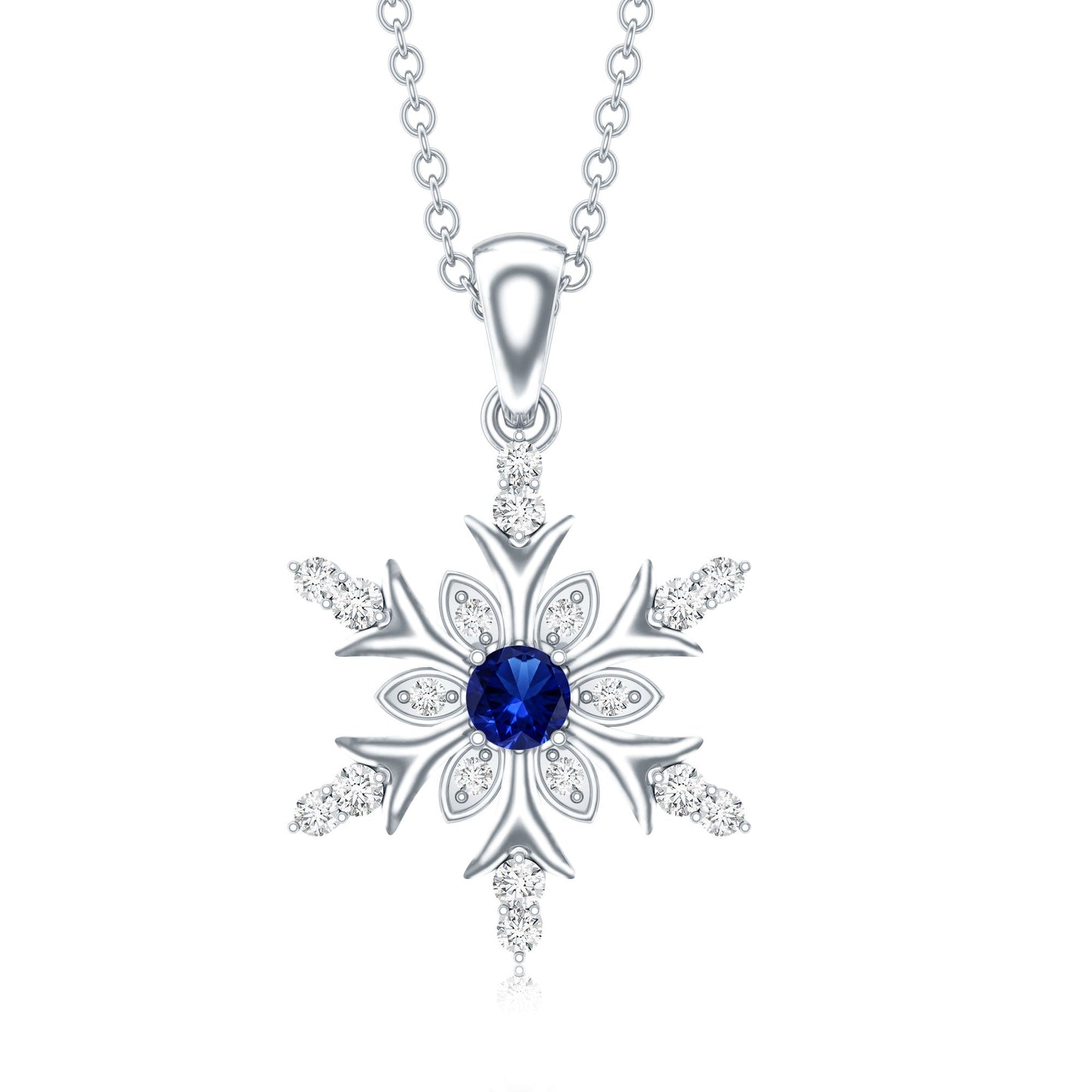 Lab Created Blue Sapphire Designer Snowflake Pendant with Diamond