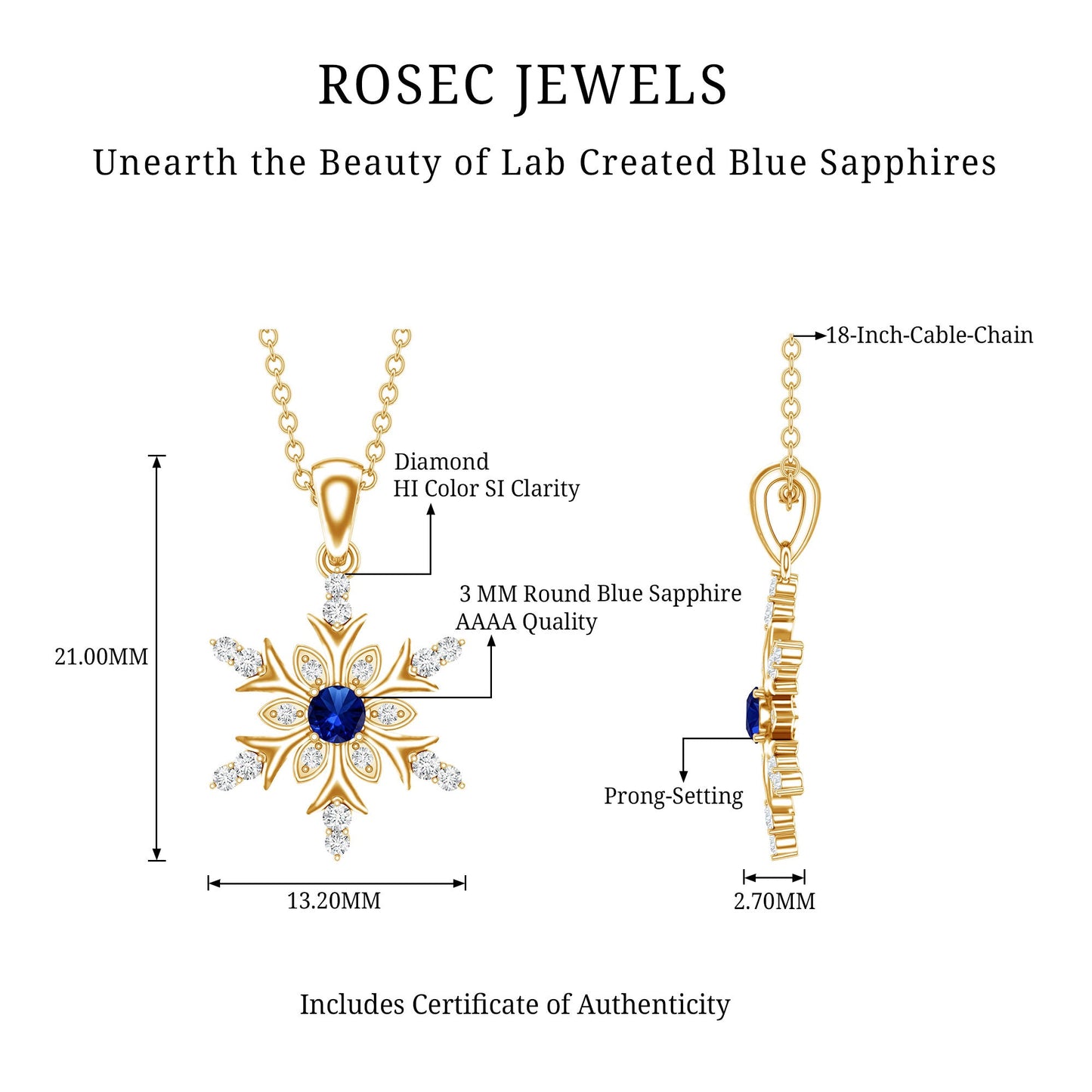 Lab Created Blue Sapphire Designer Snowflake Pendant with Diamond