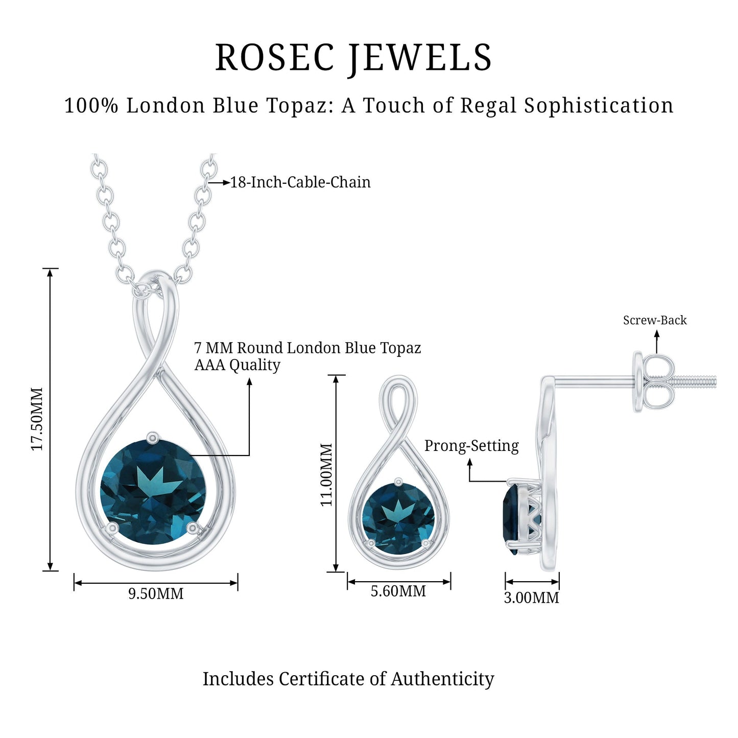 Round London Blue Topaz Infinity Pendant and Earrings Set