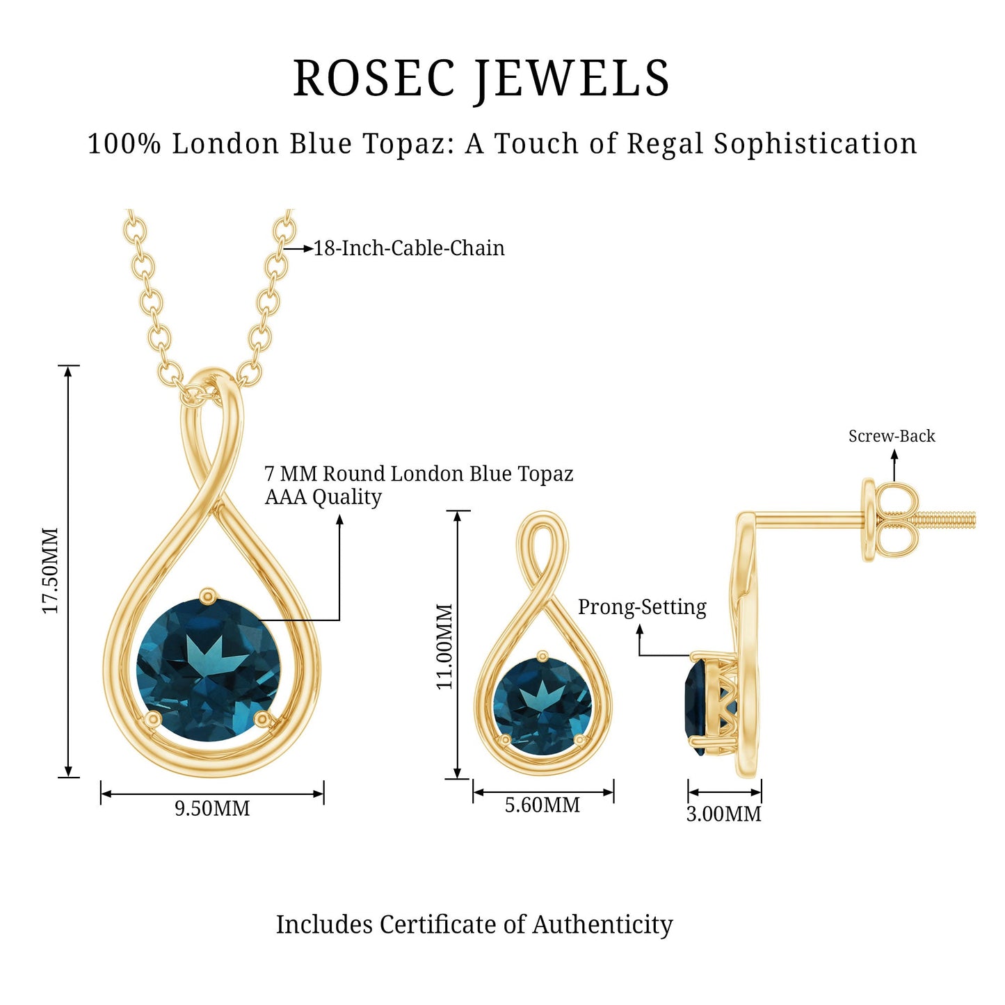 Round London Blue Topaz Infinity Pendant and Earrings Set