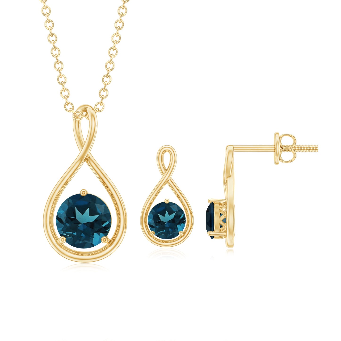 Round London Blue Topaz Infinity Pendant and Earrings Set