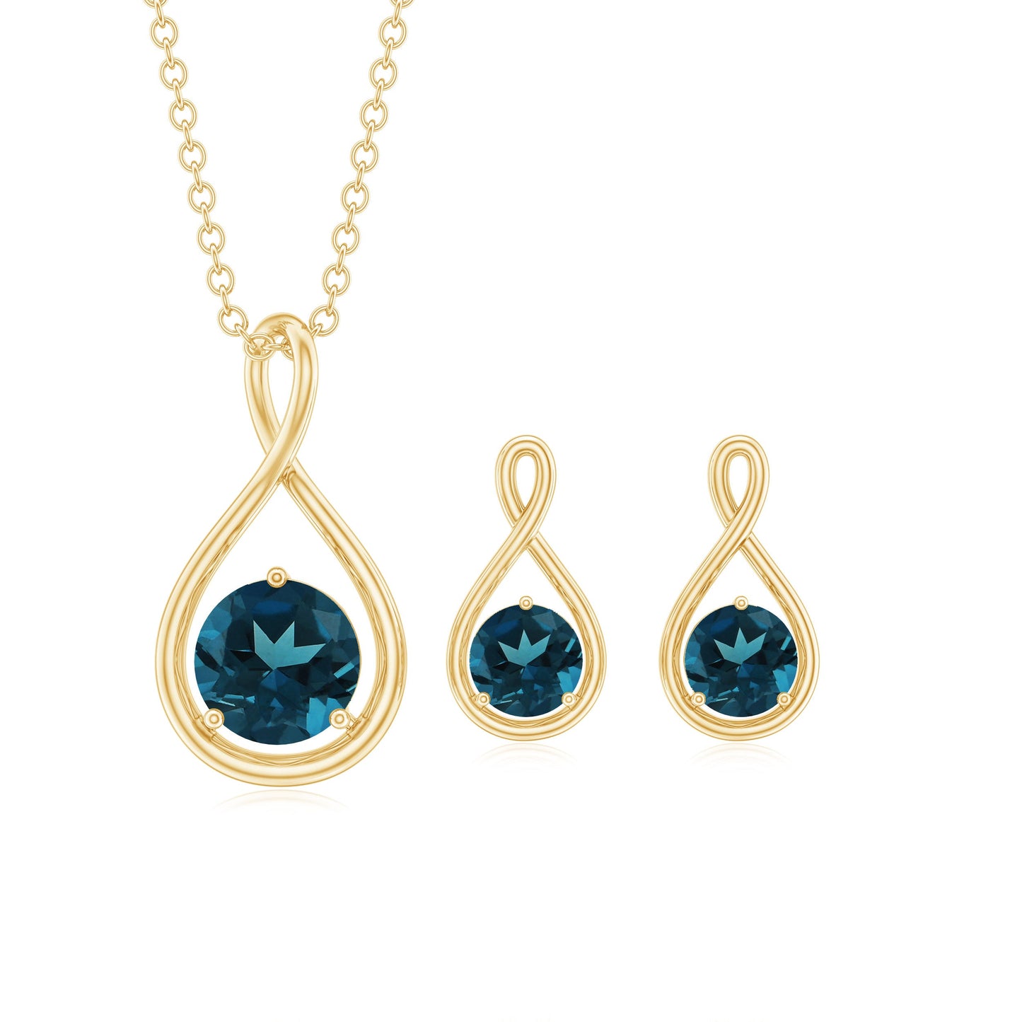 Round London Blue Topaz Infinity Pendant and Earrings Set