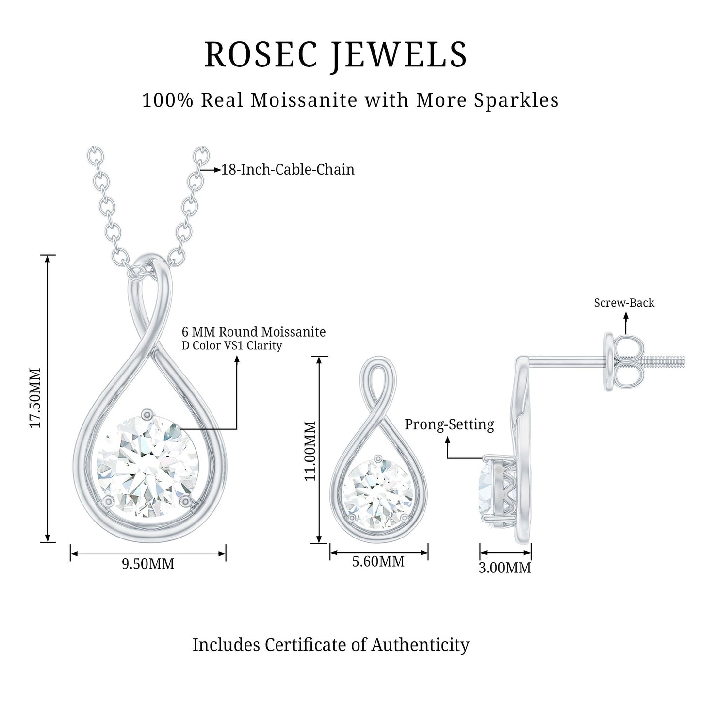 Certified Moissanite Solitaire Infinity Jewelry Set