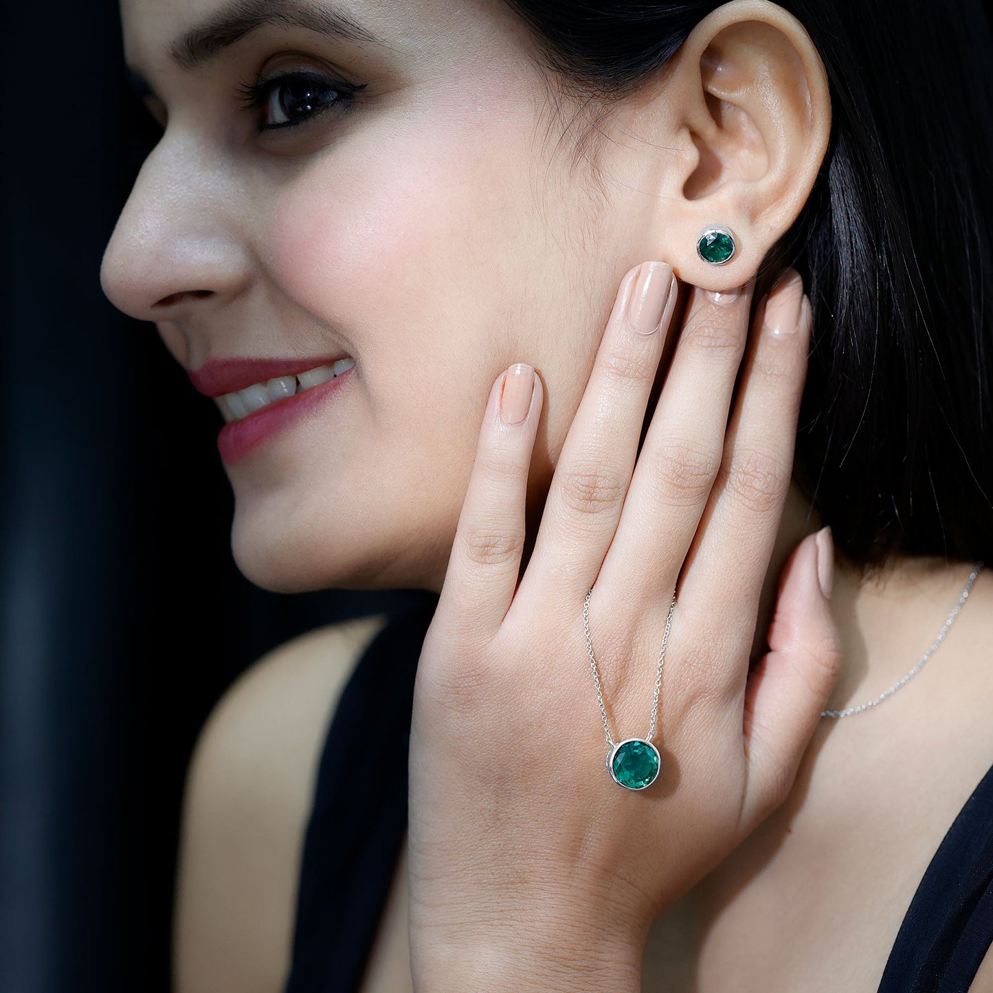 Certified Created Emerald Solitaire Jewelry Set in Bezel Setting