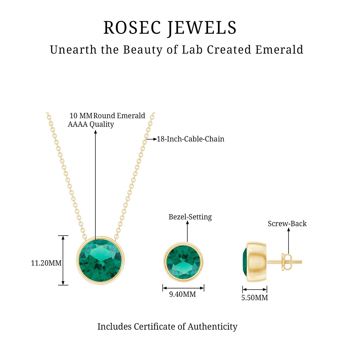 Certified Created Emerald Solitaire Jewelry Set in Bezel Setting