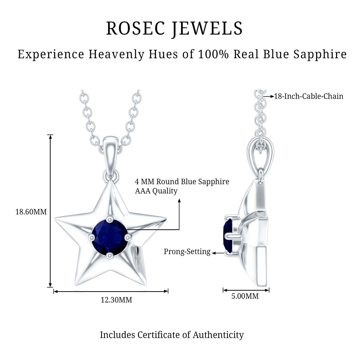 Natural Blue Sapphire Star Pendant Necklace for Women