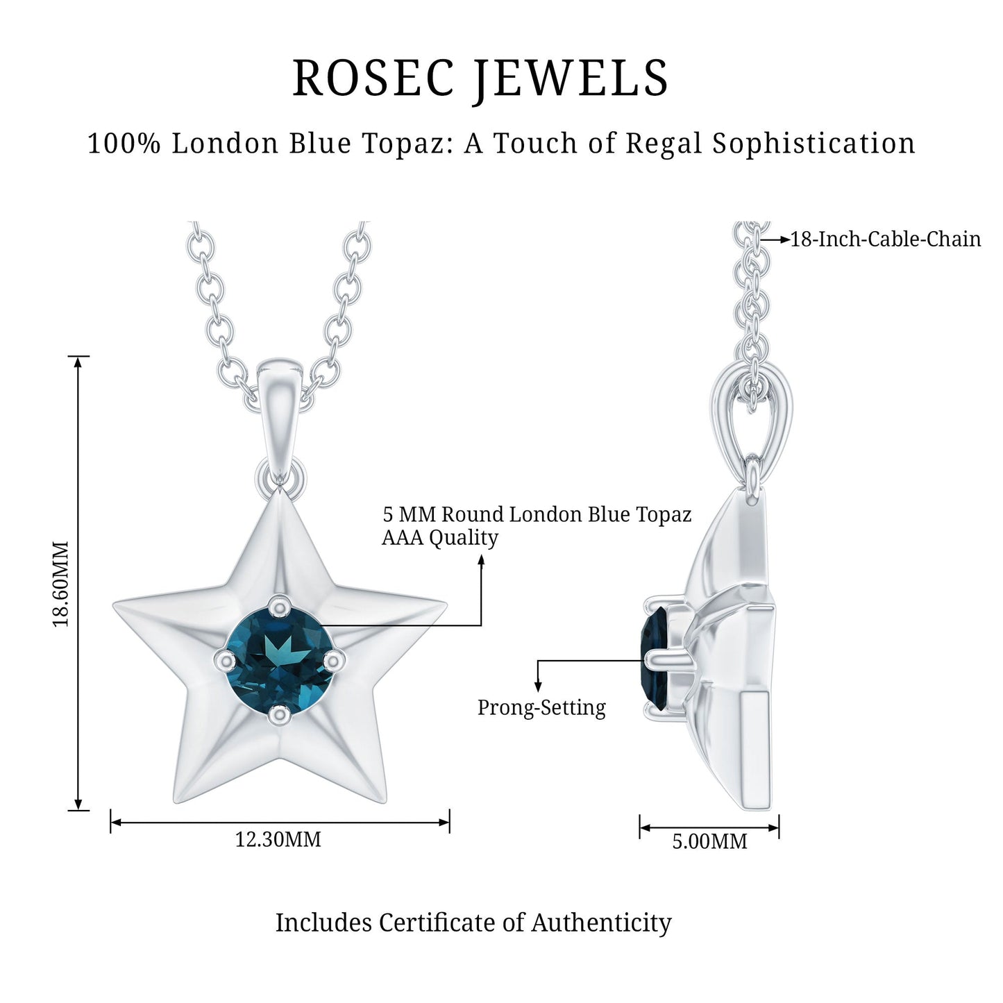 Real London Blue Topaz Star Pendant for Women