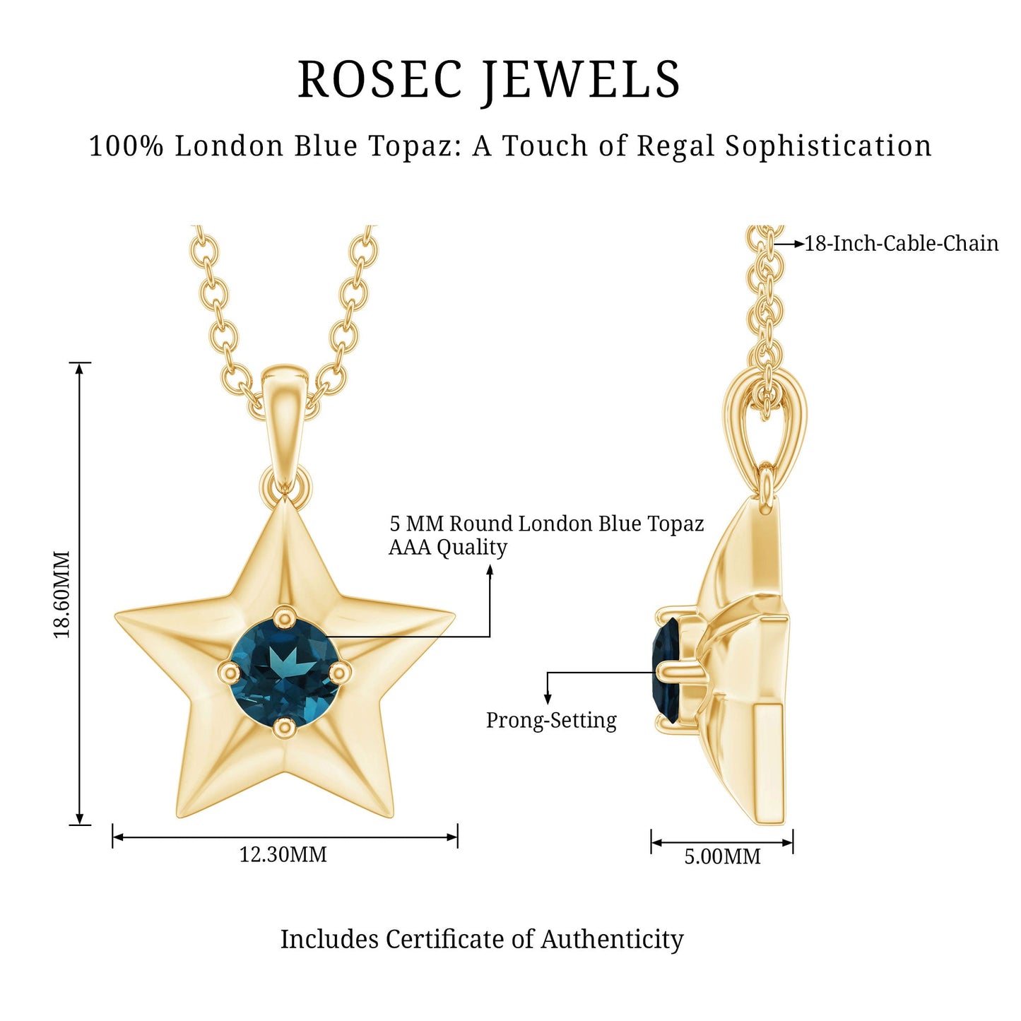 Real London Blue Topaz Star Pendant for Women