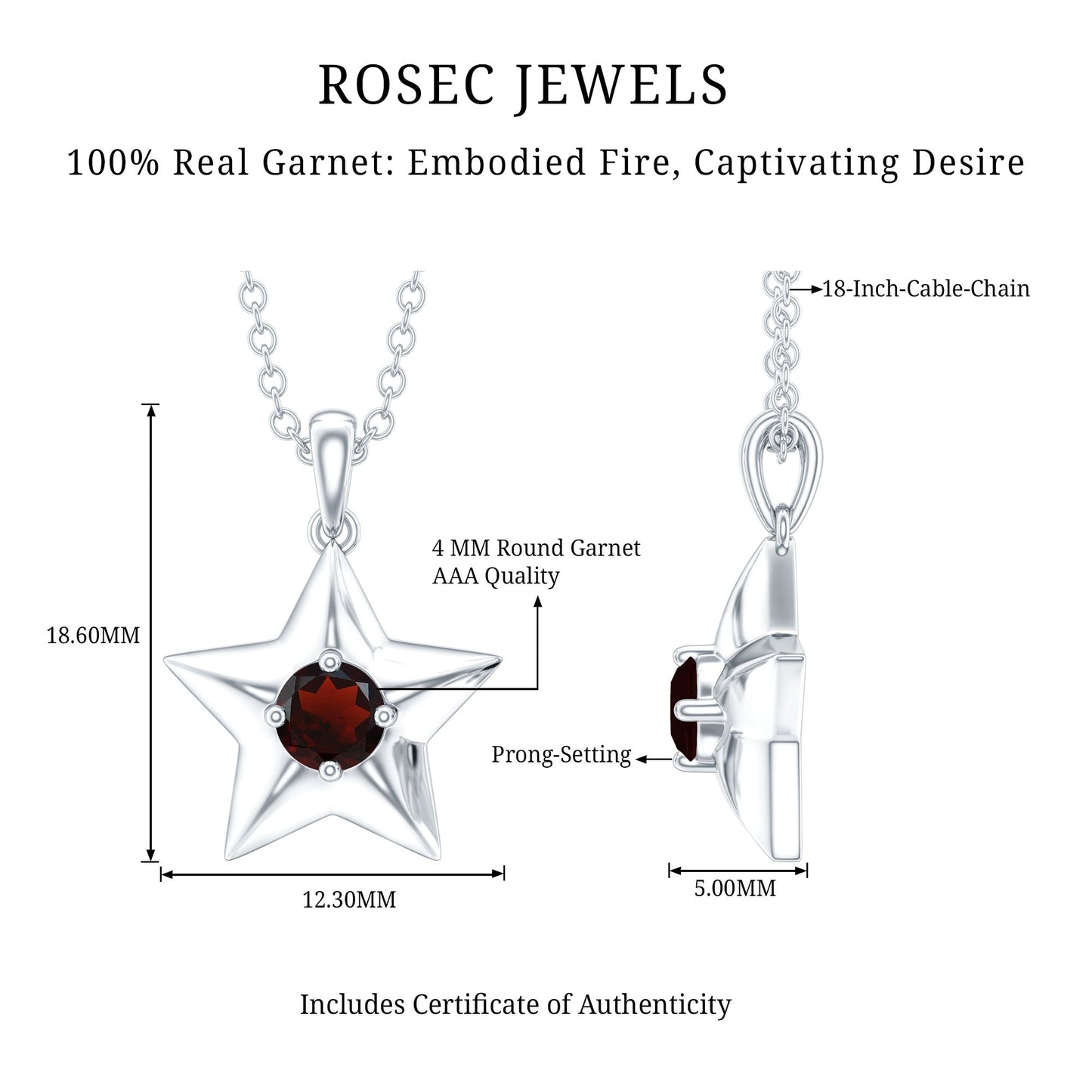 Natural Garnet Star Charm Pendant Necklace With Chain