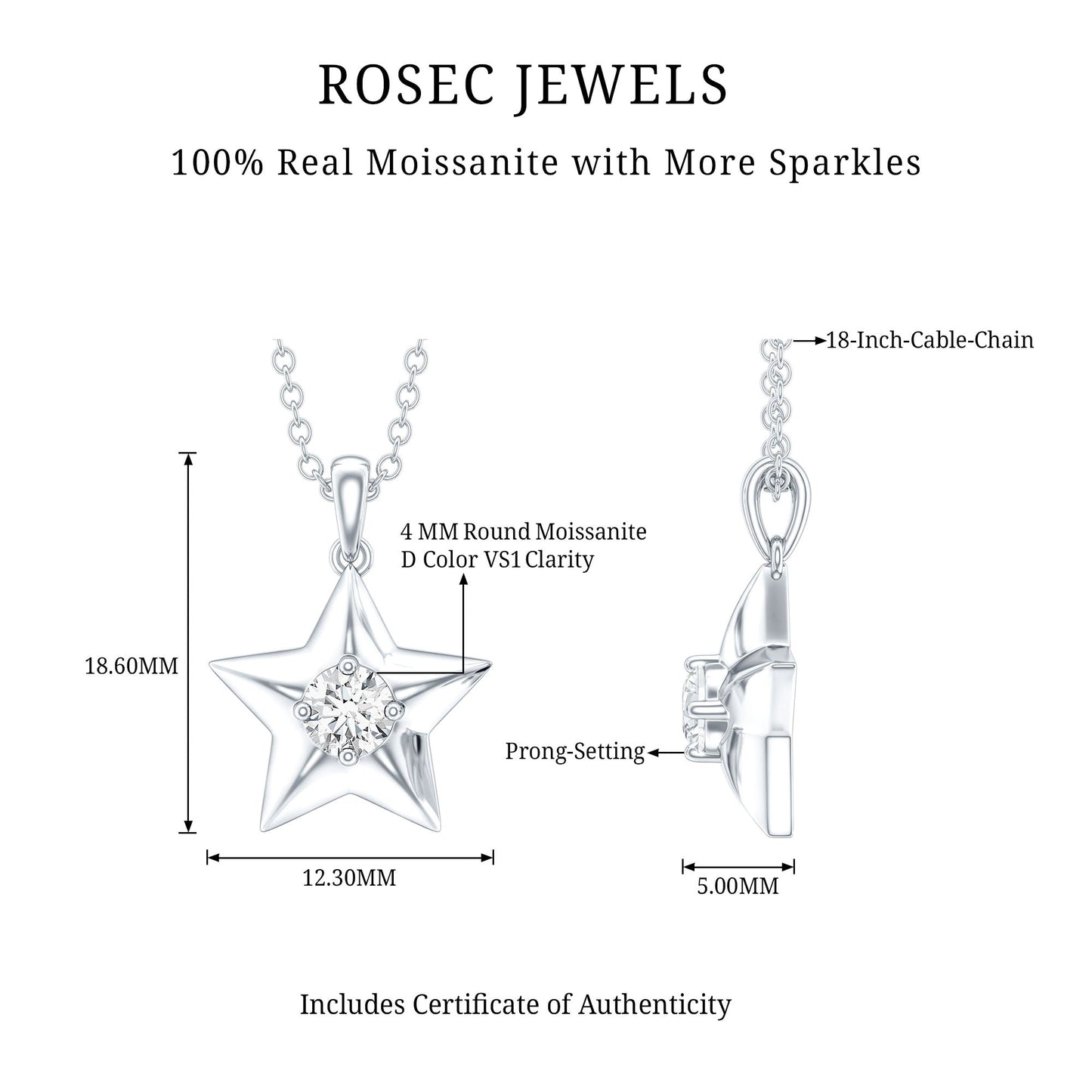 Certified Moissanite Star Pendant Necklace with Chain