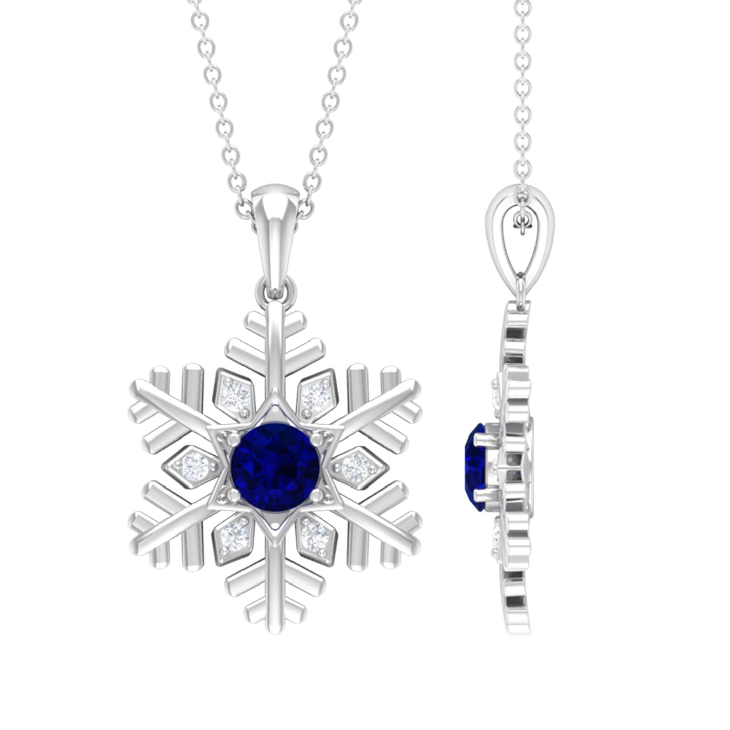 Genuine 0.9 Carat Blue Sapphire Snowflake Pendant Necklace with Diamond