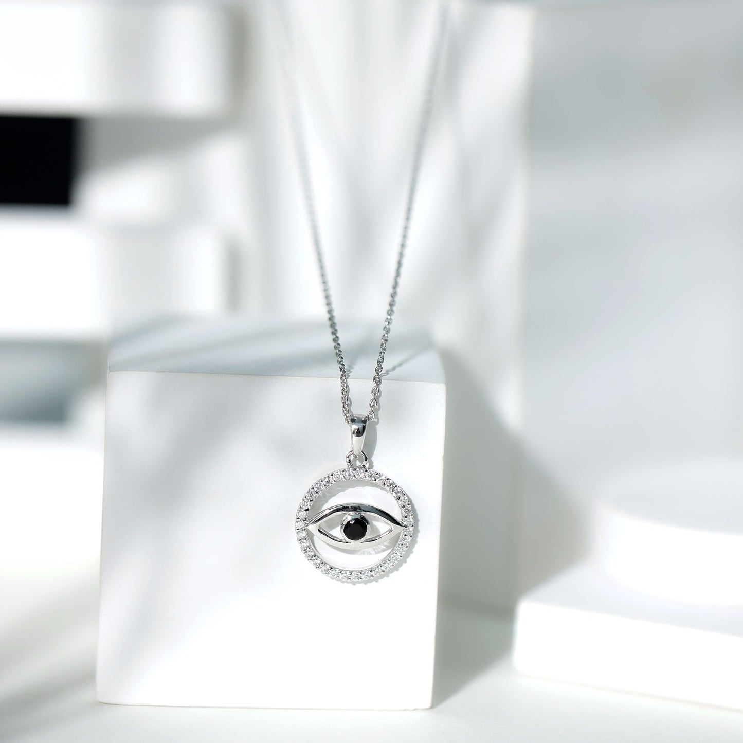 Black Spinel Evil Eye Pendant with Diamond Eternity