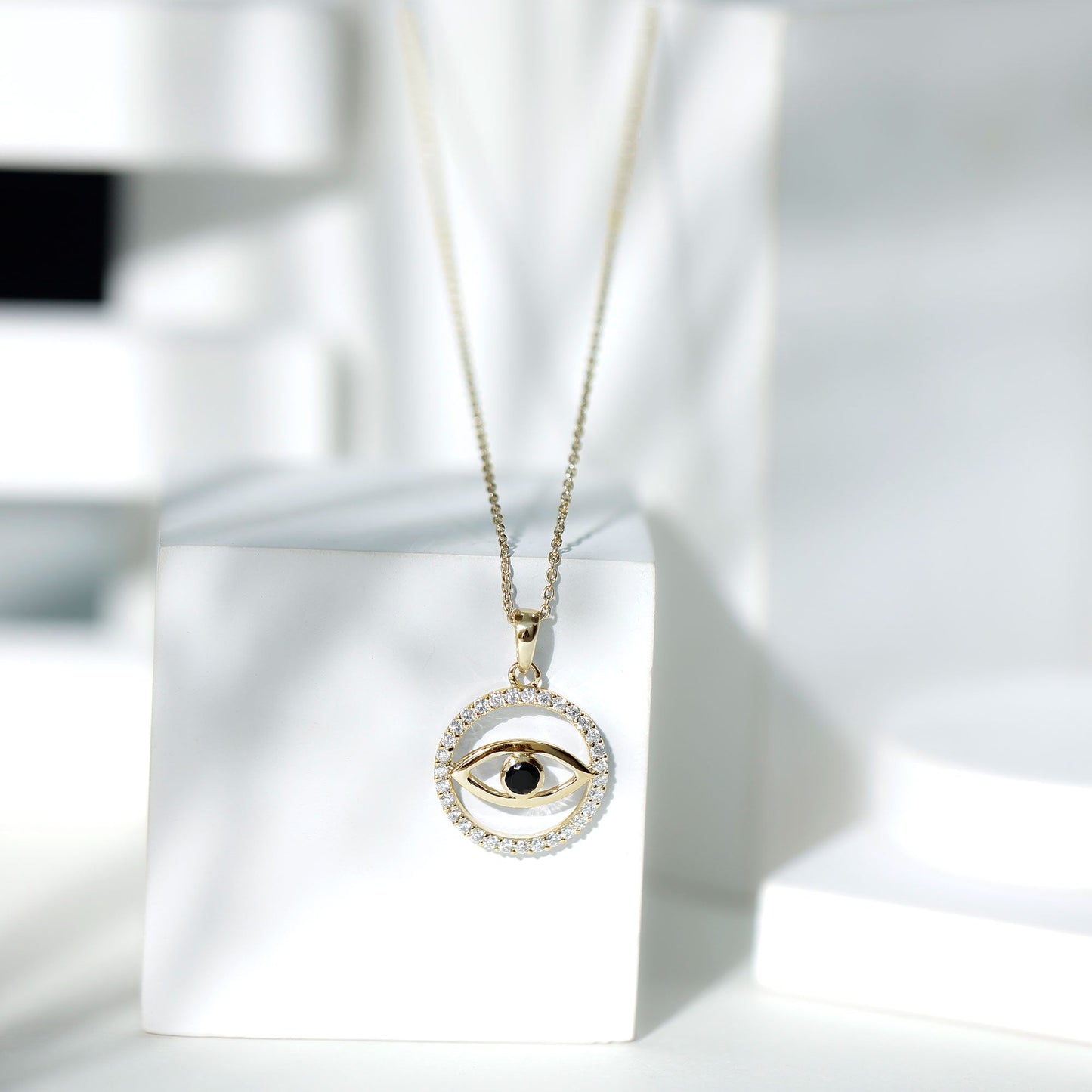 Black Spinel Evil Eye Pendant with Diamond Eternity