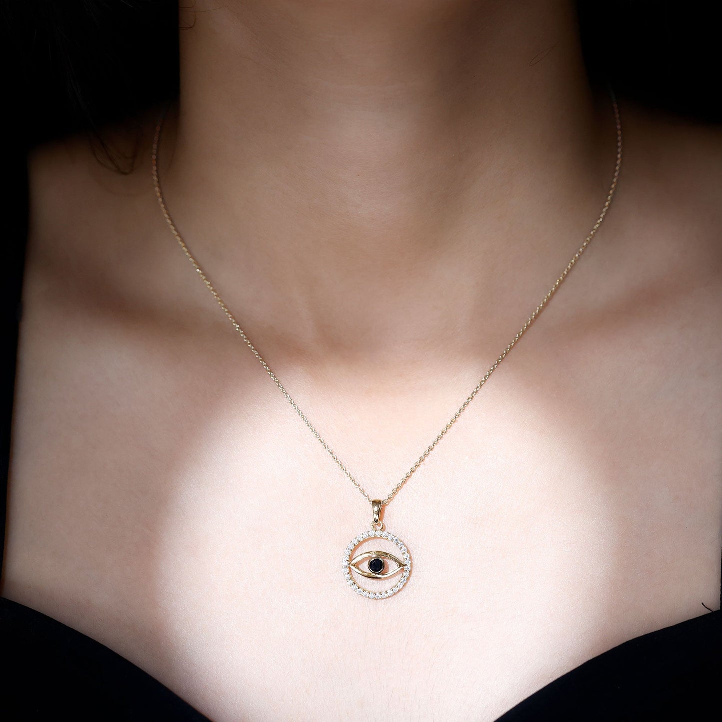 Black Spinel Evil Eye Pendant with Diamond Eternity