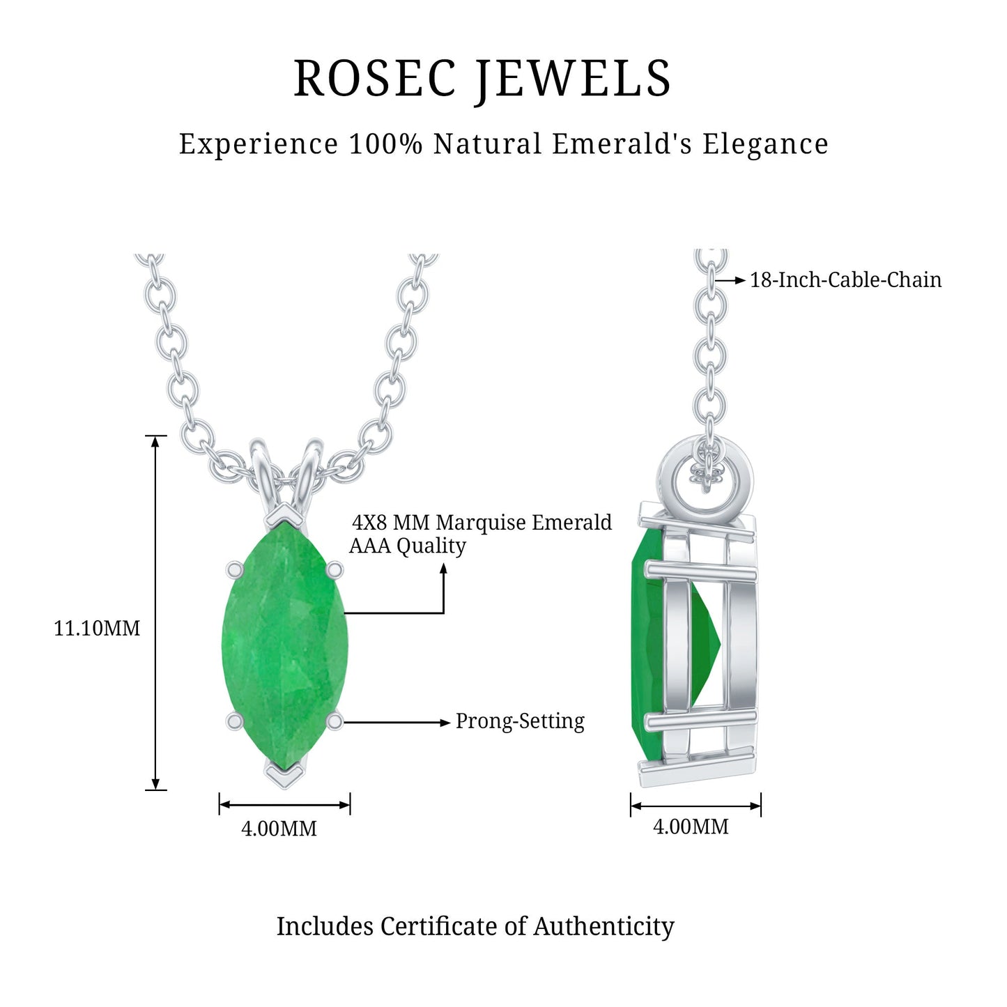 Marquise Cut Emerald Solitaire Pendant Necklace