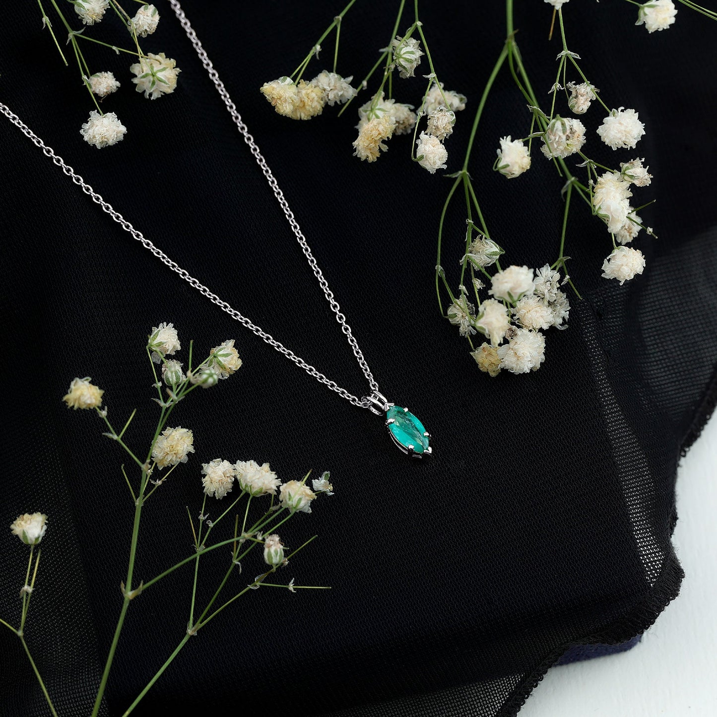 Marquise Cut Emerald Solitaire Pendant Necklace