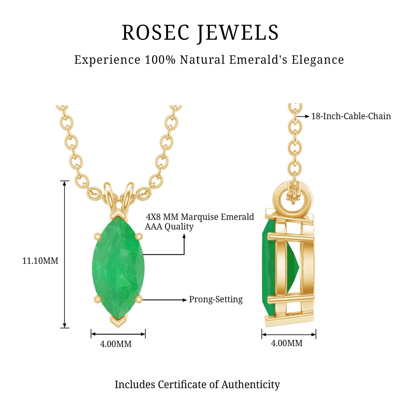 Marquise Cut Emerald Solitaire Pendant Necklace