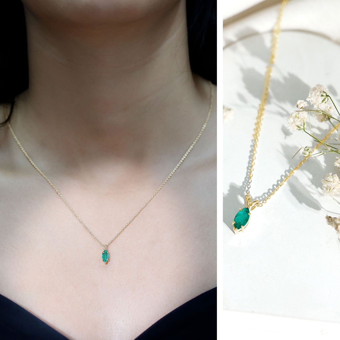 Marquise Cut Emerald Solitaire Pendant Necklace