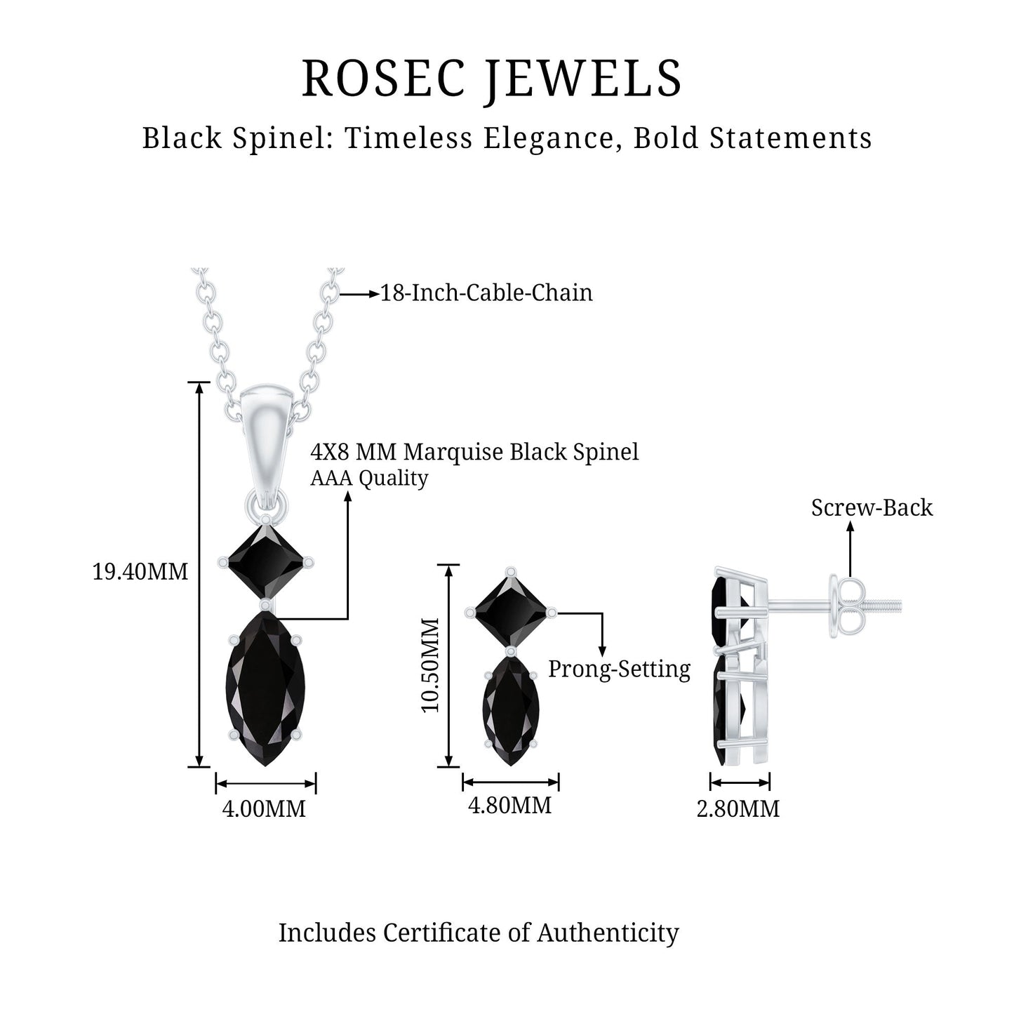 Princess and Marquise Shape Black Spinel Jewelry Set for Women