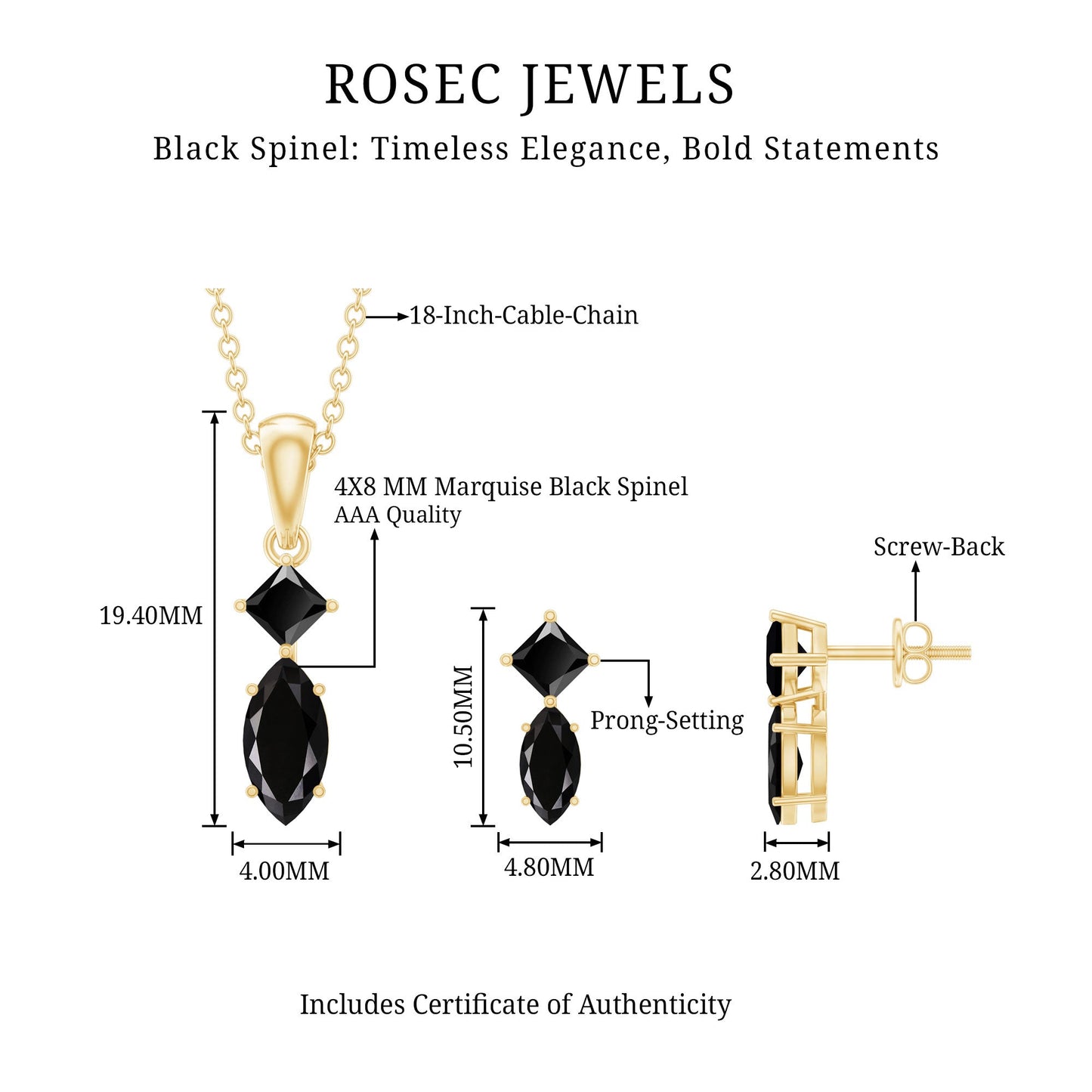 Princess and Marquise Shape Black Spinel Jewelry Set for Women