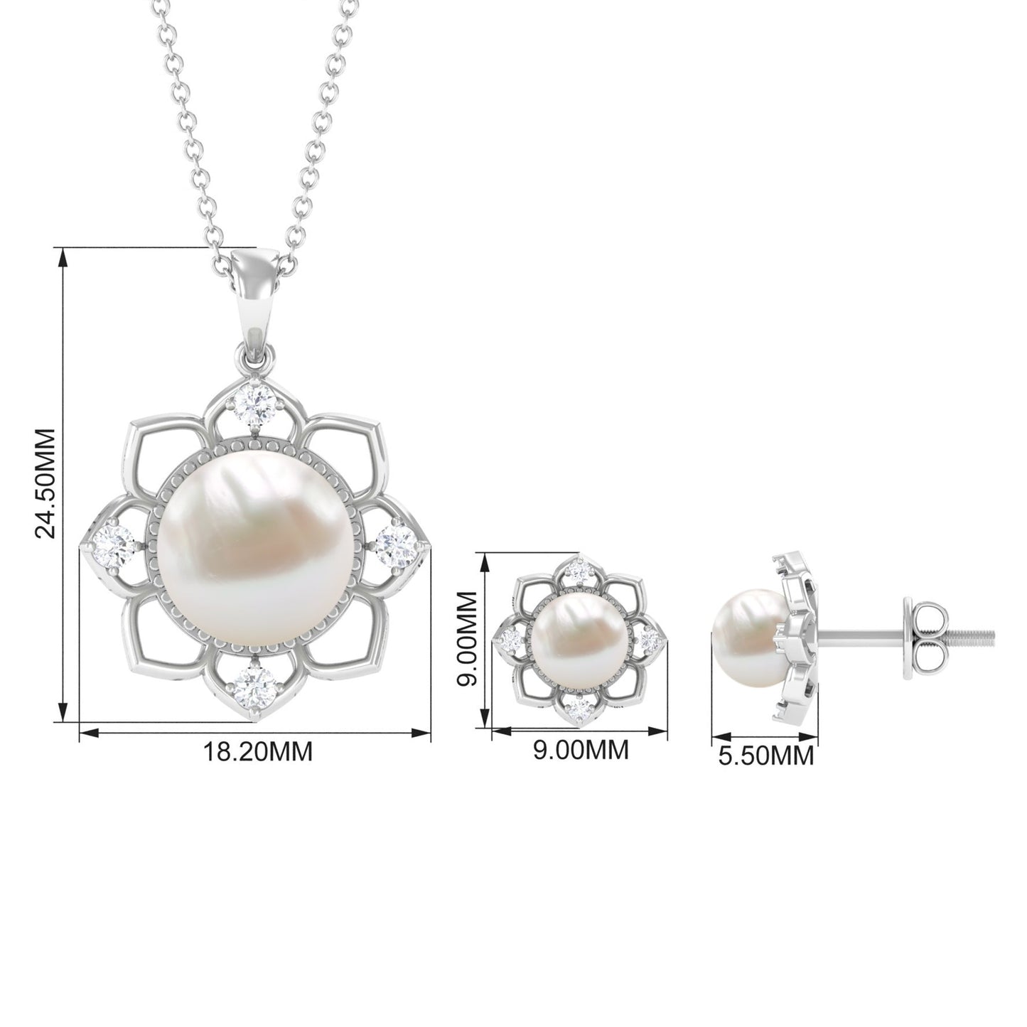 Natural Freshwater Pearl Flower Pendant and Earrings with Diamond