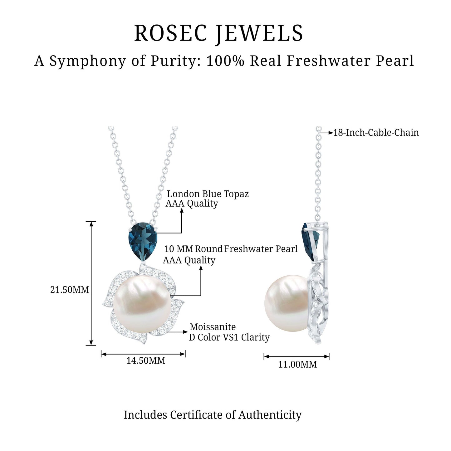8 Carat Freshwater Pearl Designer Bridal Necklace with London Blue Topaz