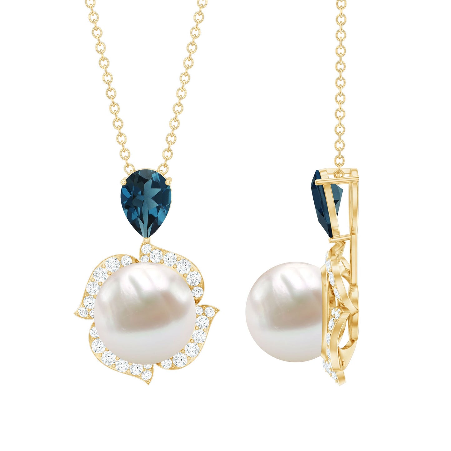 8 Carat Freshwater Pearl Designer Bridal Necklace with London Blue Topaz