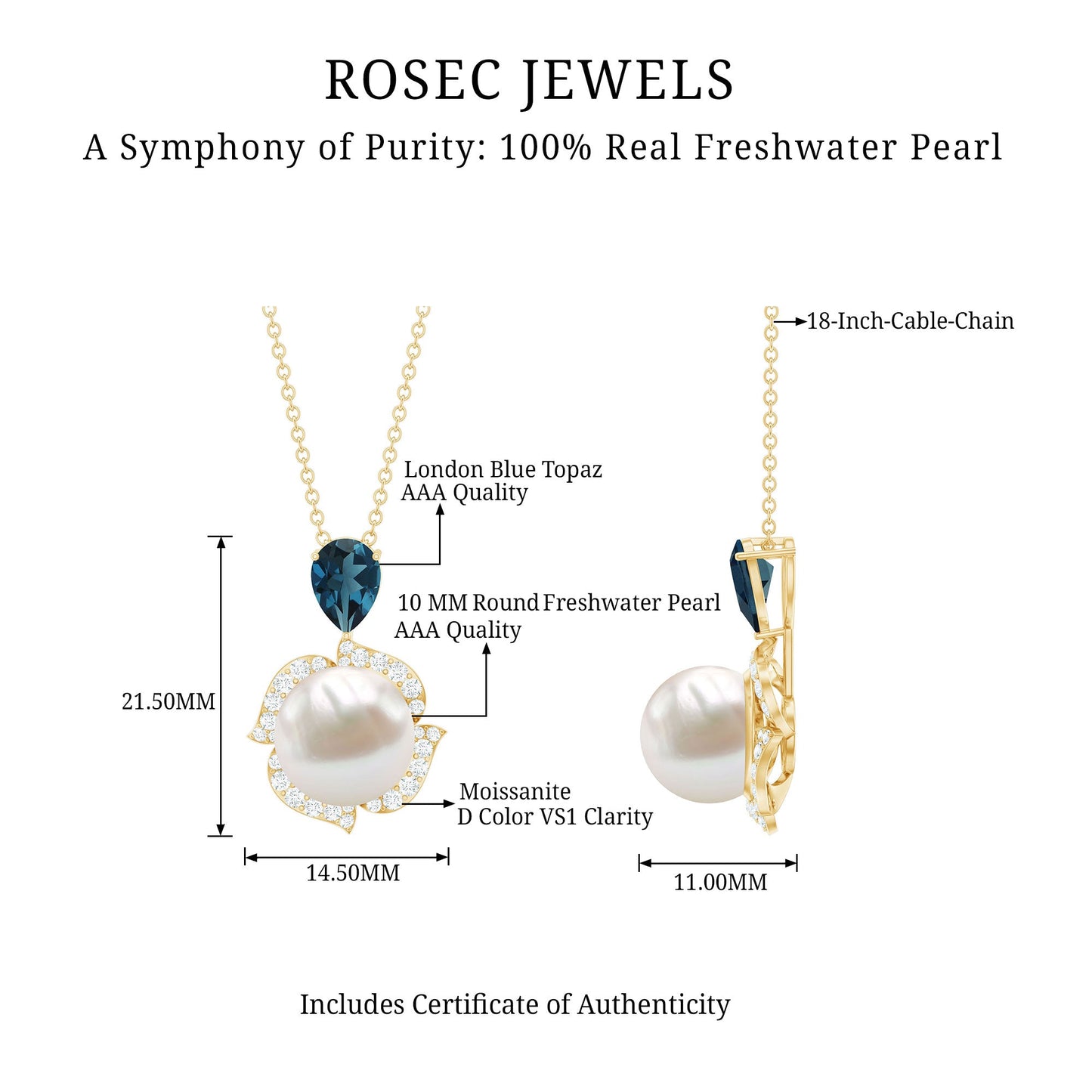 8 Carat Freshwater Pearl Designer Bridal Necklace with London Blue Topaz