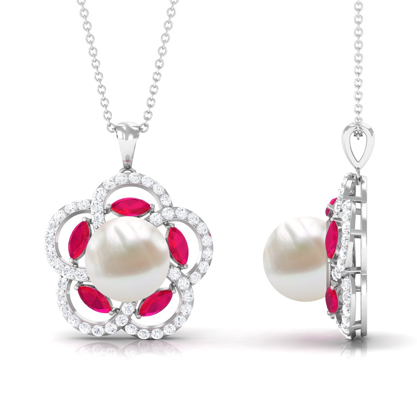Freshwater Pearl Flower Pendant with Created Ruby and Moissanite