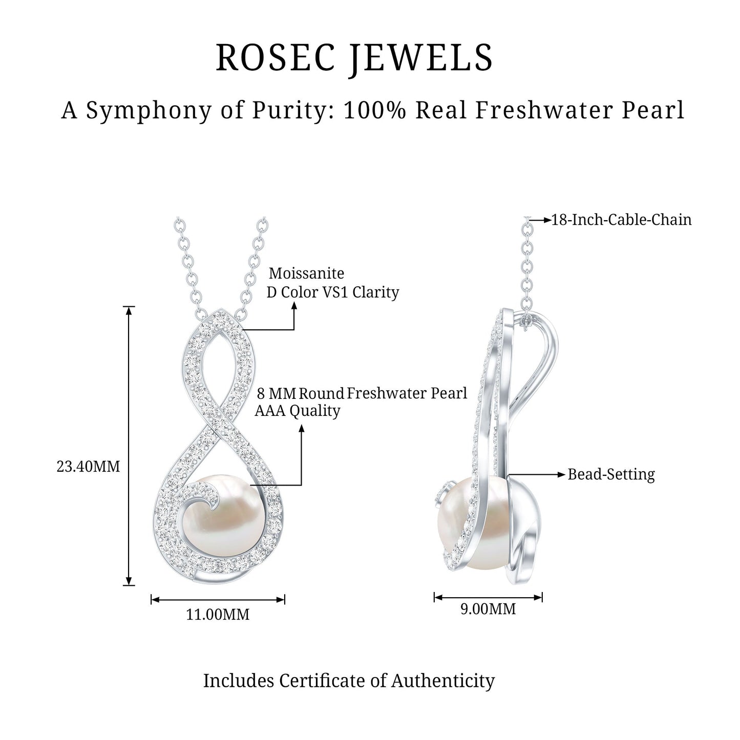 Freshwater White Pearl and Moissanite Infinity Pendant in Silver