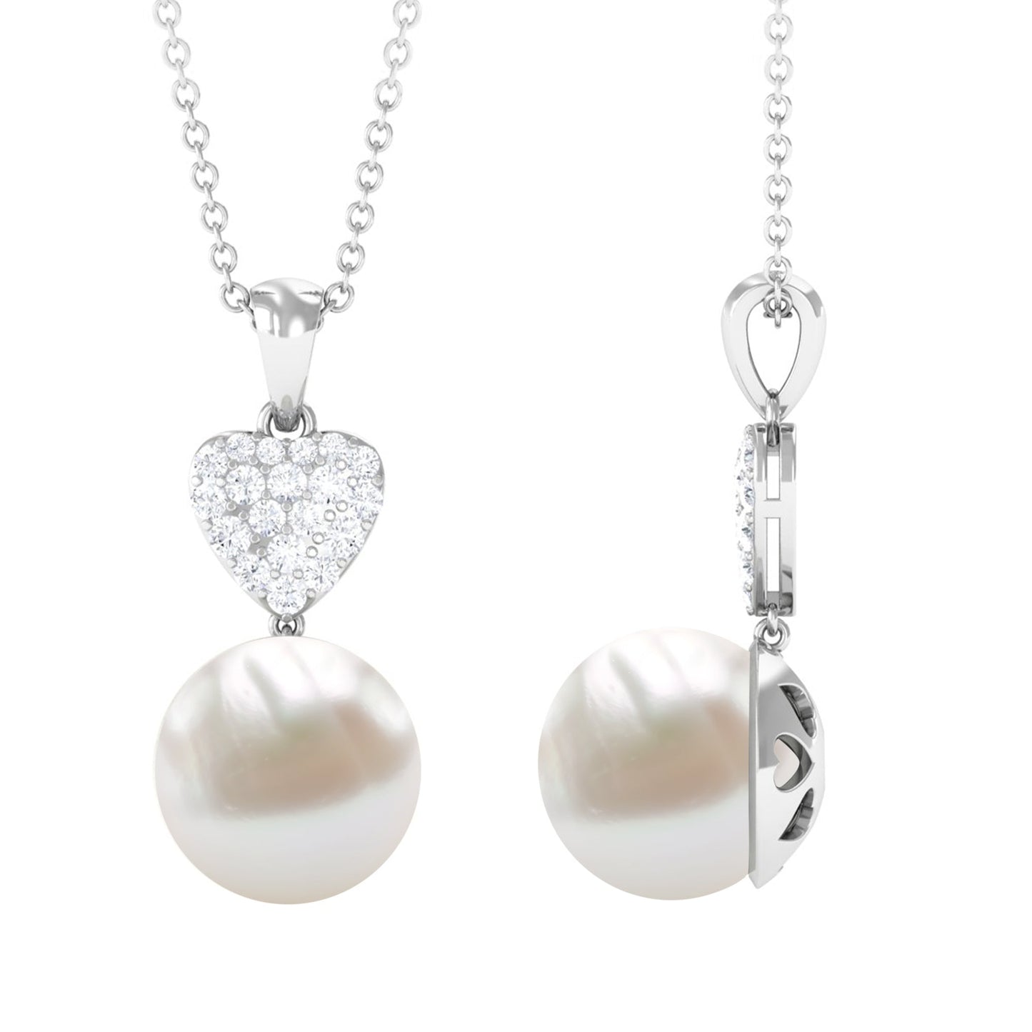 8 CT Bead Set Freshwater Pearl and Diamond Heart Dangle Pendant Necklace