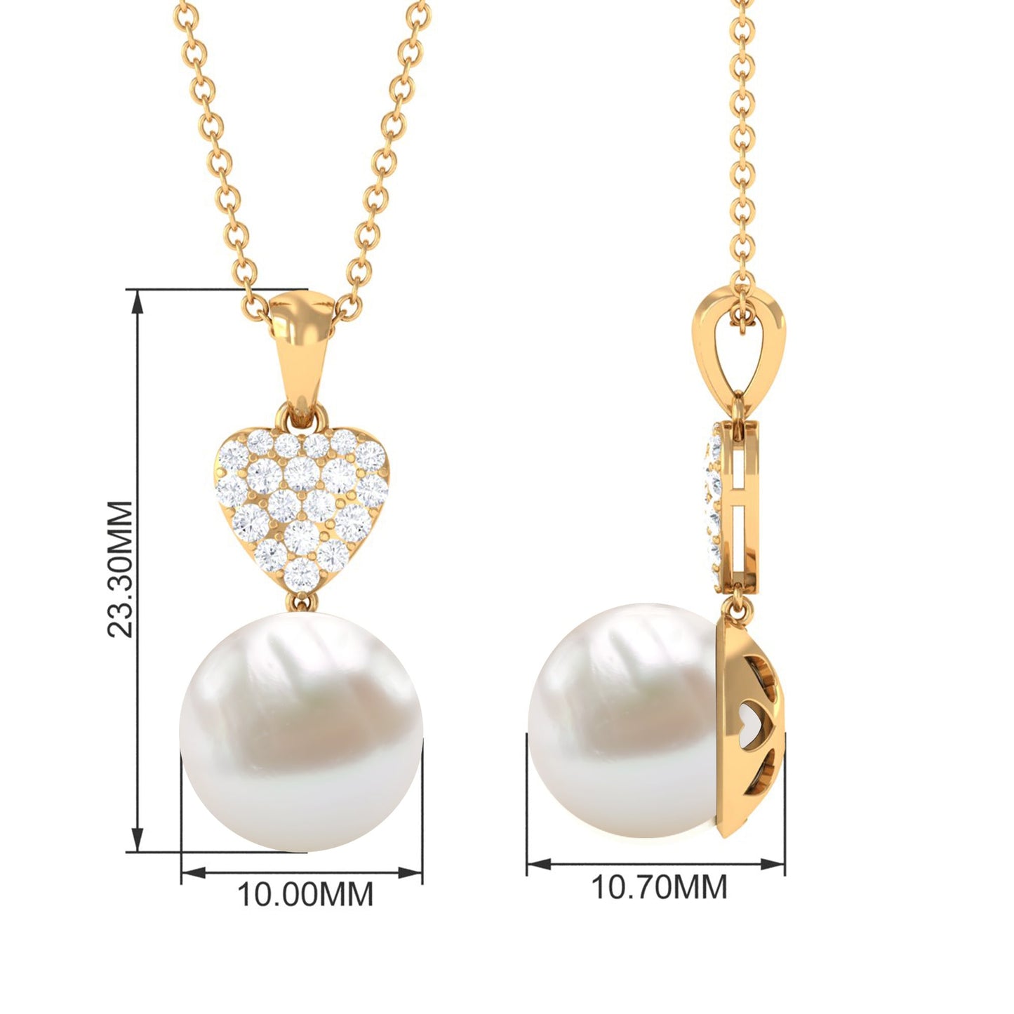 8 CT Bead Set Freshwater Pearl and Diamond Heart Dangle Pendant Necklace