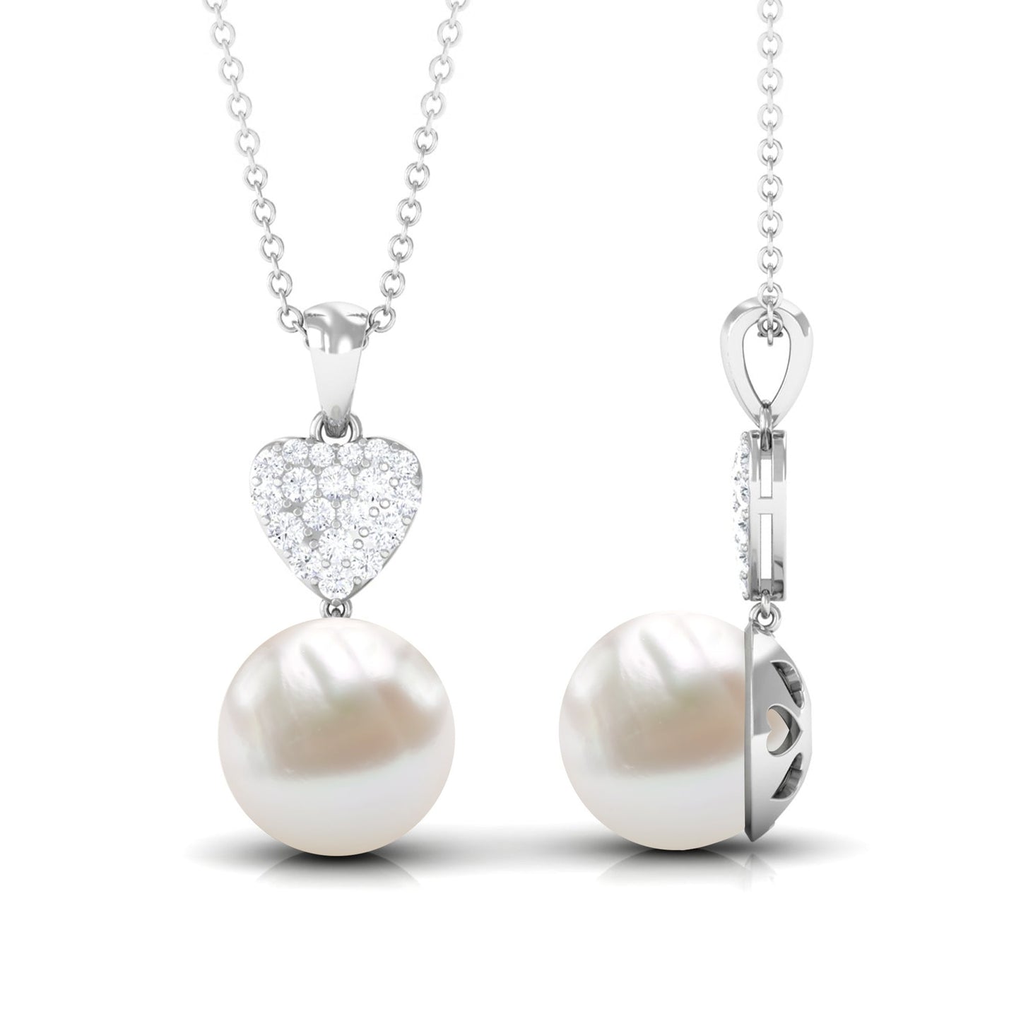 8 CT Bead Set Freshwater Pearl and Diamond Heart Dangle Pendant Necklace