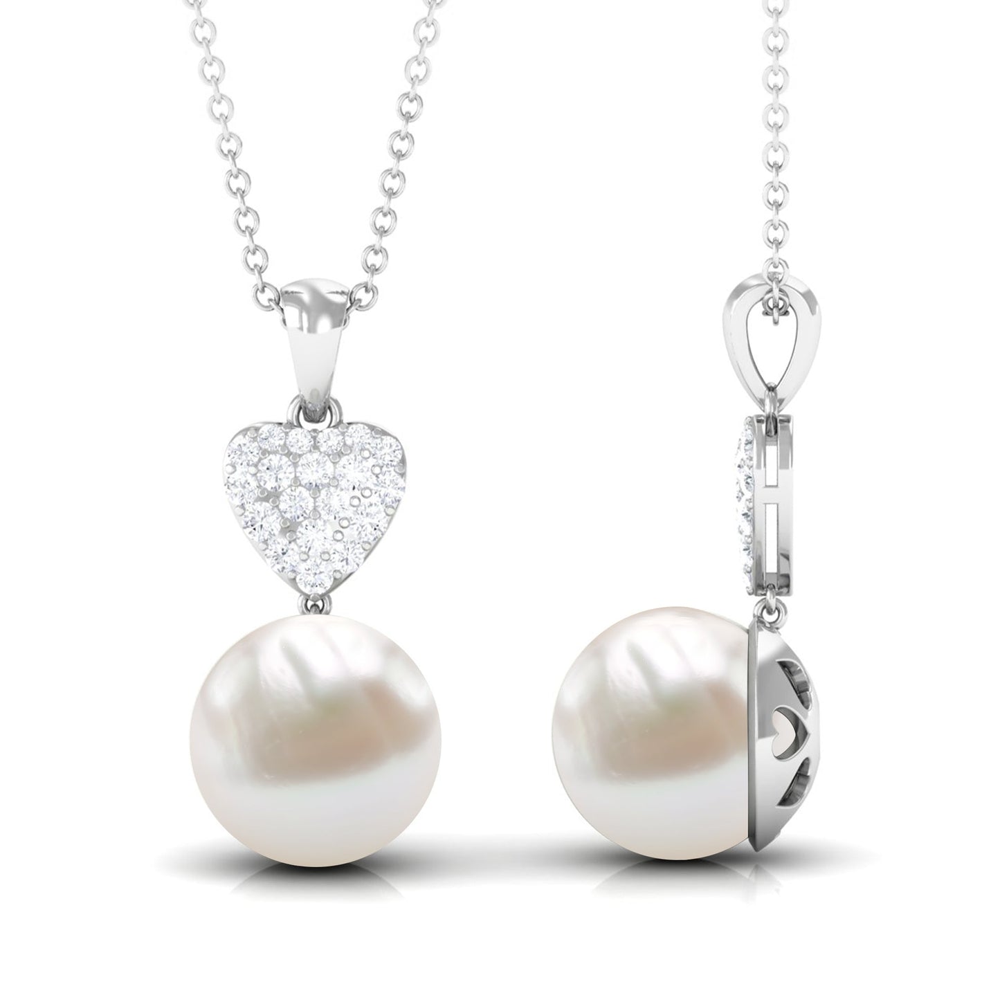8 CT Bead Set Freshwater Pearl and Diamond Heart Dangle Pendant Necklace