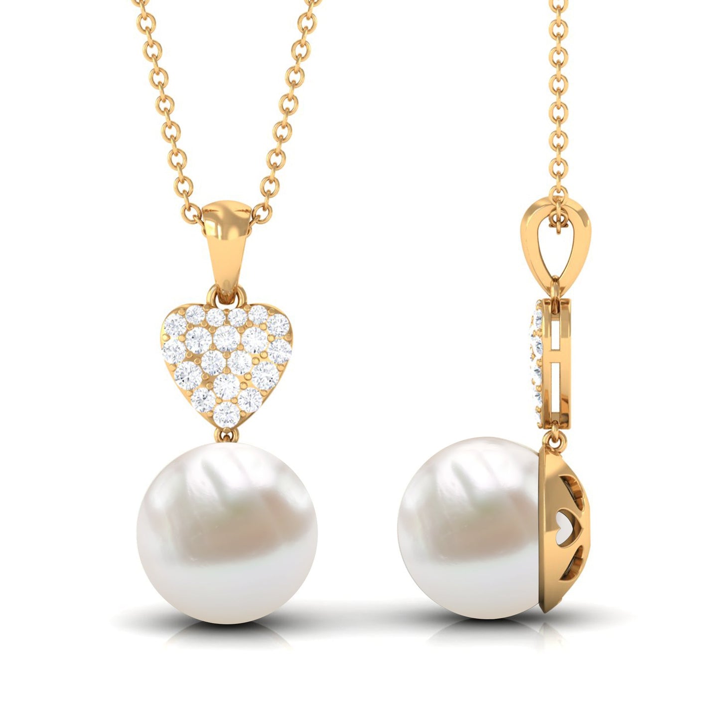 8 CT Bead Set Freshwater Pearl and Diamond Heart Dangle Pendant Necklace
