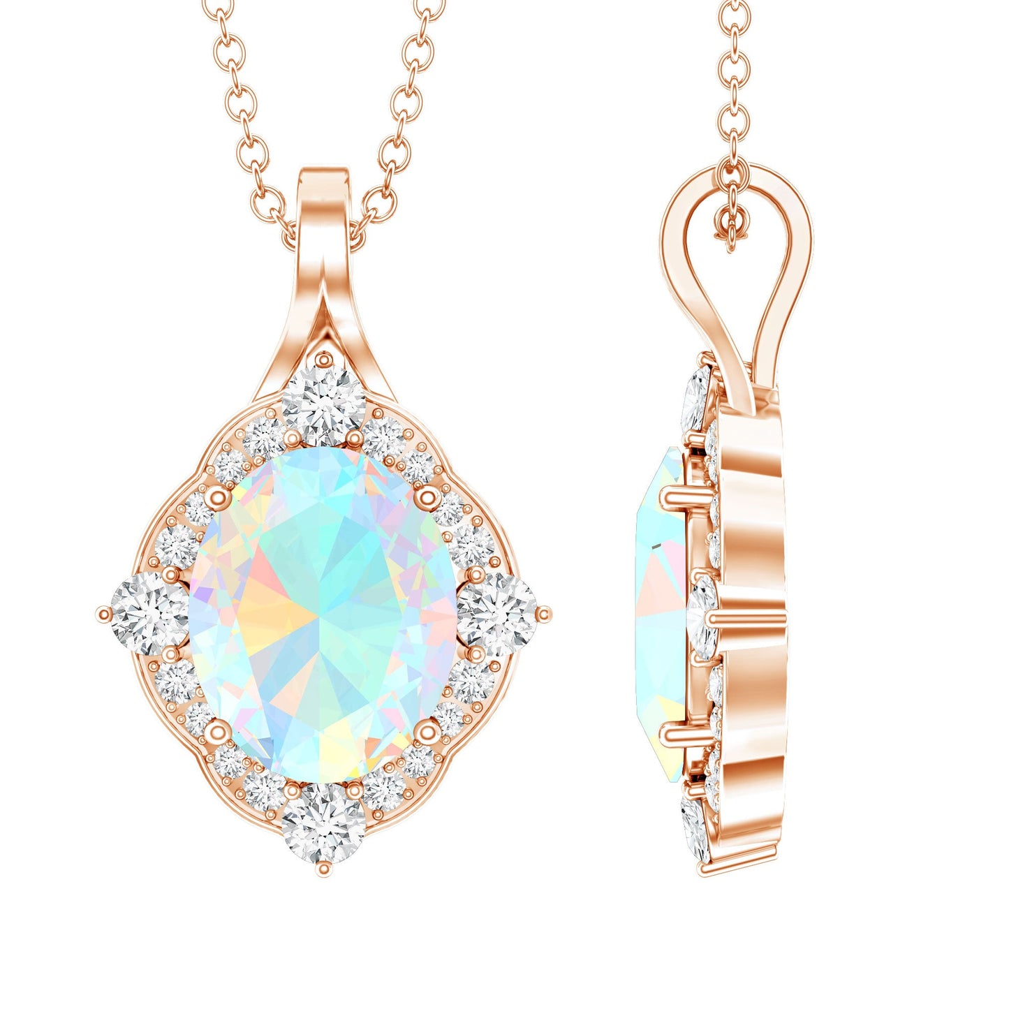 Vintage Inspired Oval Ethiopian Opal Halo Necklace with Chain