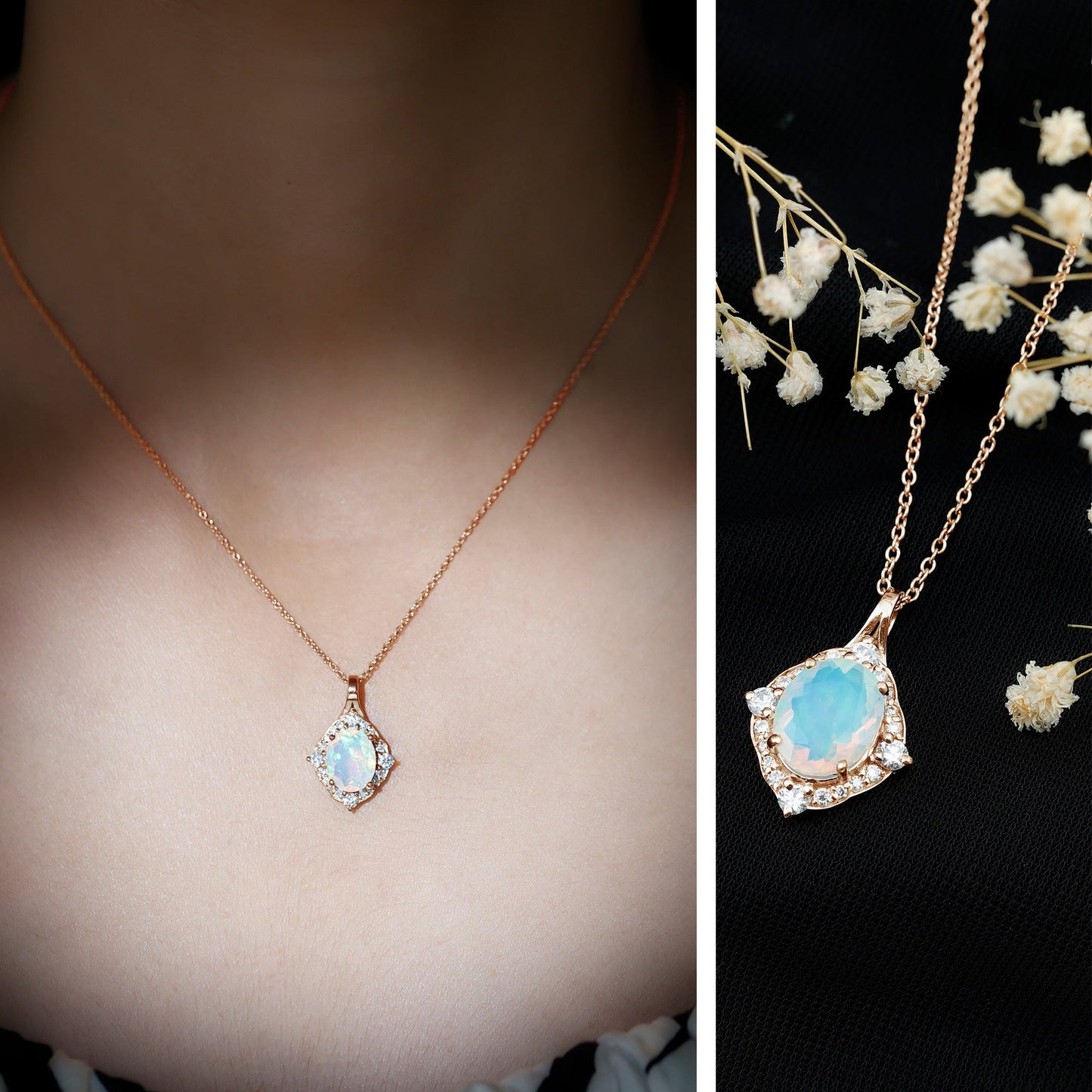 Vintage Inspired Oval Ethiopian Opal Halo Necklace with Chain