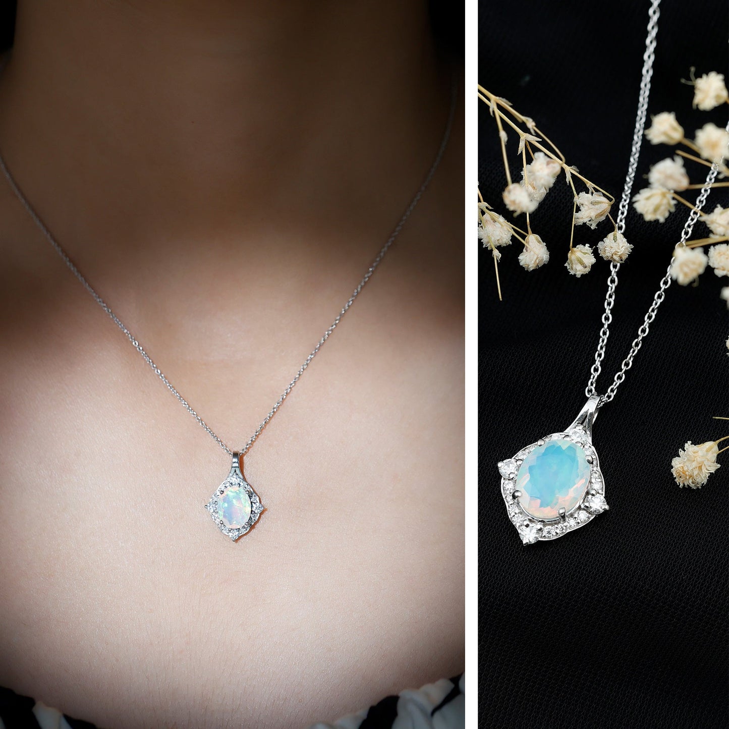 Vintage Inspired Oval Ethiopian Opal Halo Necklace with Chain